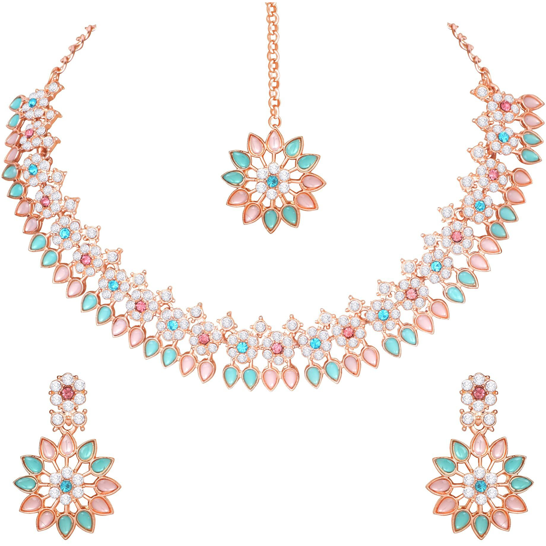 Atasi International Rose Gold Plated Pink & Blue Crystal Necklace Jewellery Set with Earrings and Maang Tikka for Women & Grils (MPB5744)