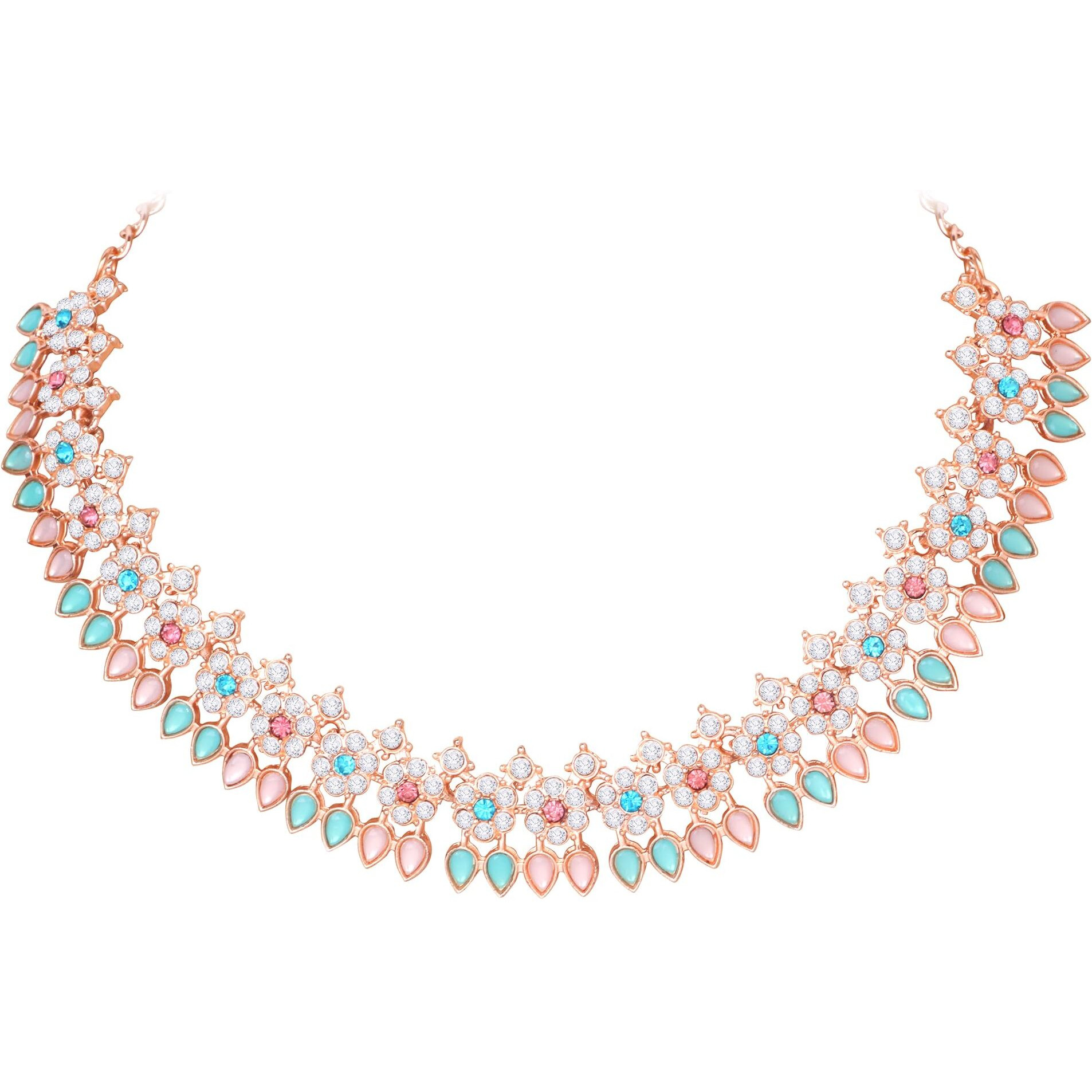 Atasi International Rose Gold Plated Pink & Blue Crystal Necklace Jewellery Set with Earrings and Maang Tikka for Women & Grils (MPB5744)