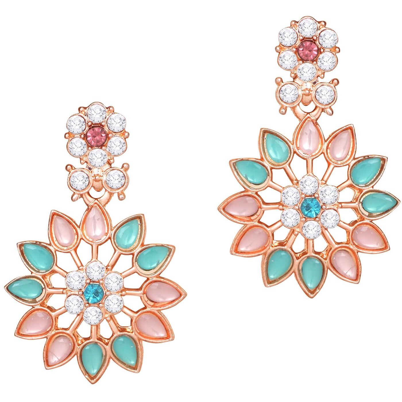 Atasi International Rose Gold Plated Pink & Blue Crystal Necklace Jewellery Set with Earrings and Maang Tikka for Women & Grils (MPB5744)