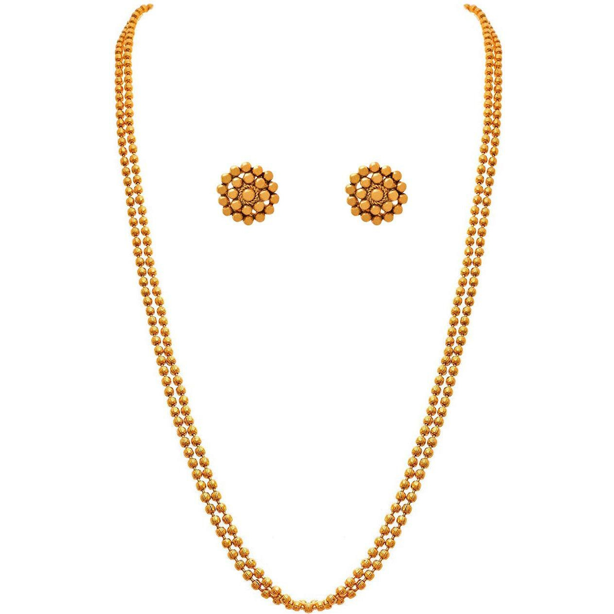 JFL - Jewellery for Less Traditional 2 Layer Gold Plated Beaded Chain Long Necklace Set with Stud Earring for Women (24 inch),Valentine