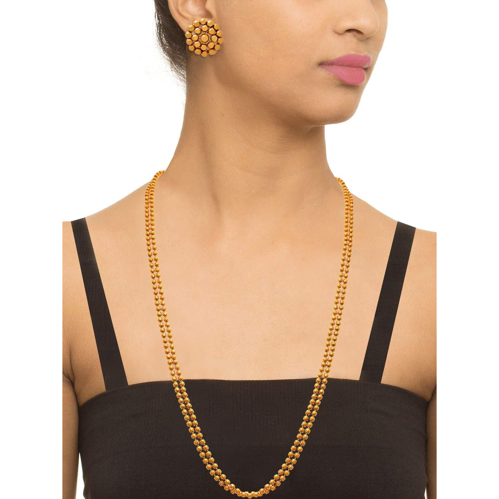 JFL - Jewellery for Less Traditional 2 Layer Gold Plated Beaded Chain Long Necklace Set with Stud Earring for Women (24 inch),Valentine