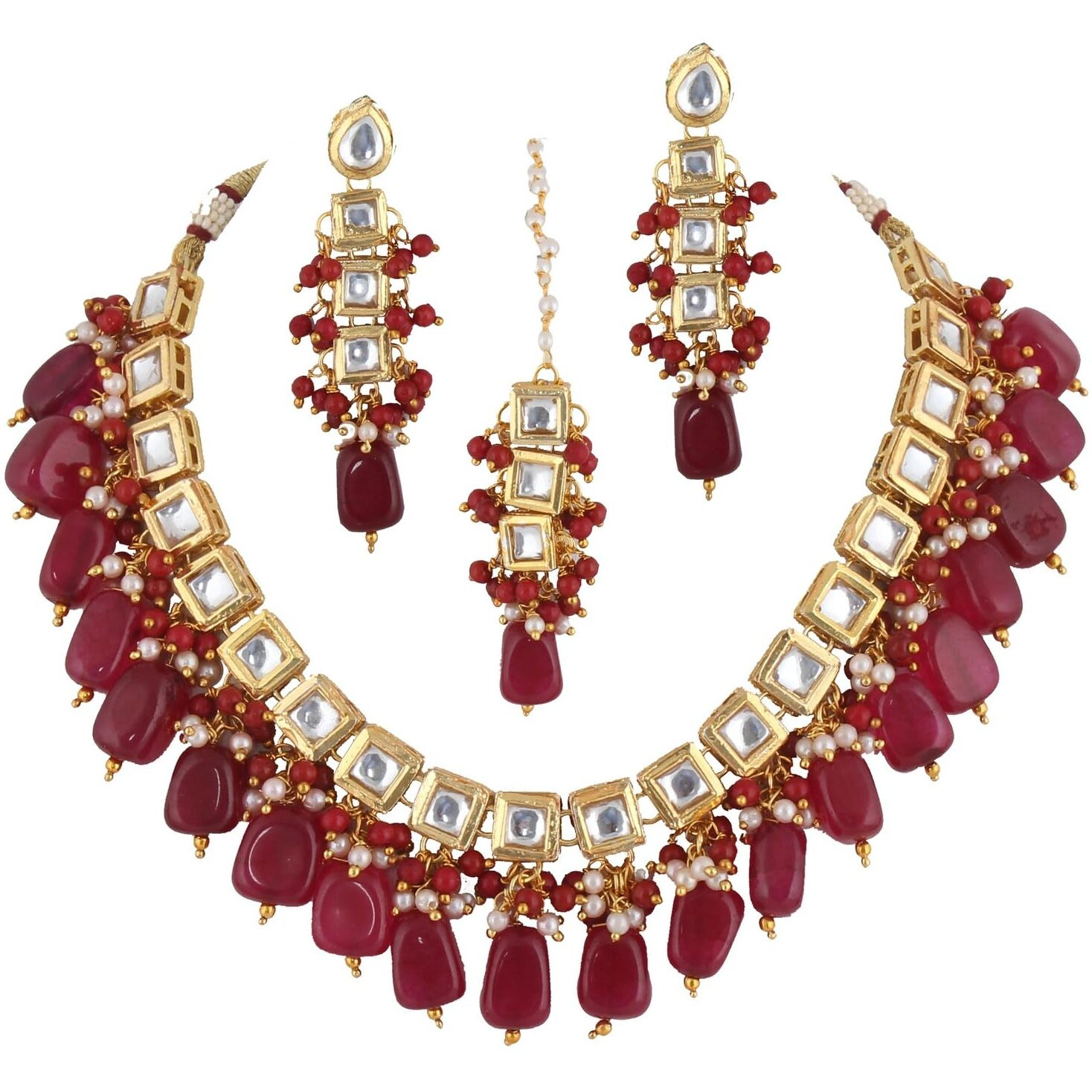 LUCKY JEWELLERY Back Meenakari 18k Gold Plated Maroon Color Square Shape Tika Earring Combo Jewellery Set Uncut Kundan Big Faux Kundan Dibbi Kundan Choker Necklace Set for Girls & Women