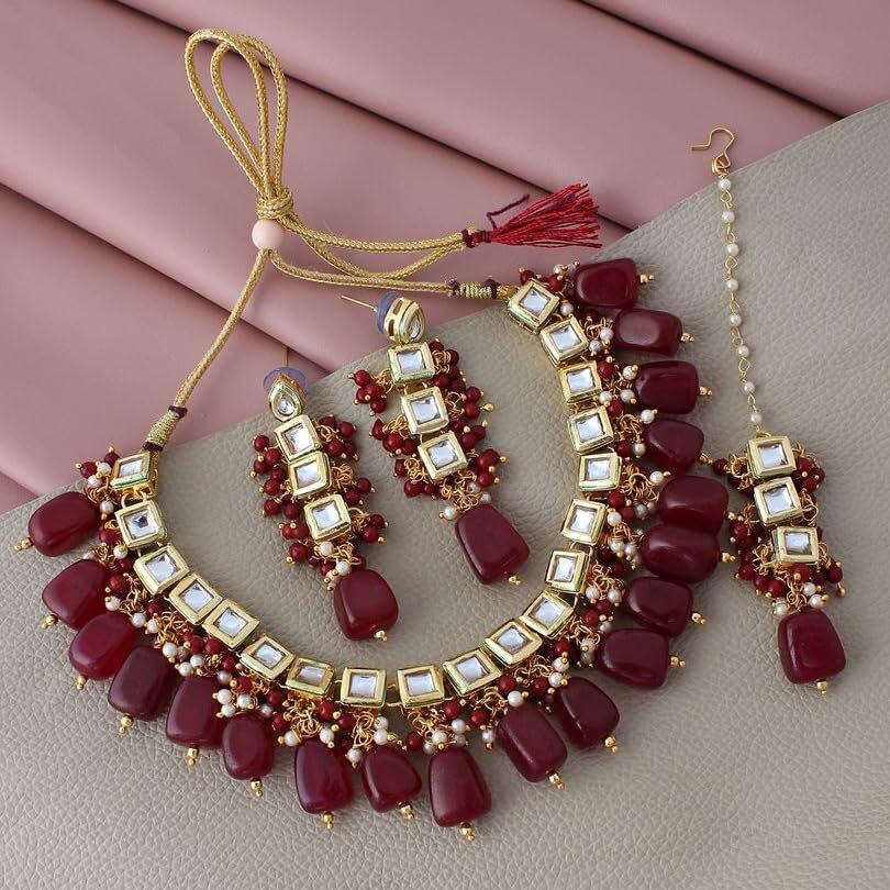 LUCKY JEWELLERY Back Meenakari 18k Gold Plated Maroon Color Square Shape Tika Earring Combo Jewellery Set Uncut Kundan Big Faux Kundan Dibbi Kundan Choker Necklace Set for Girls & Women