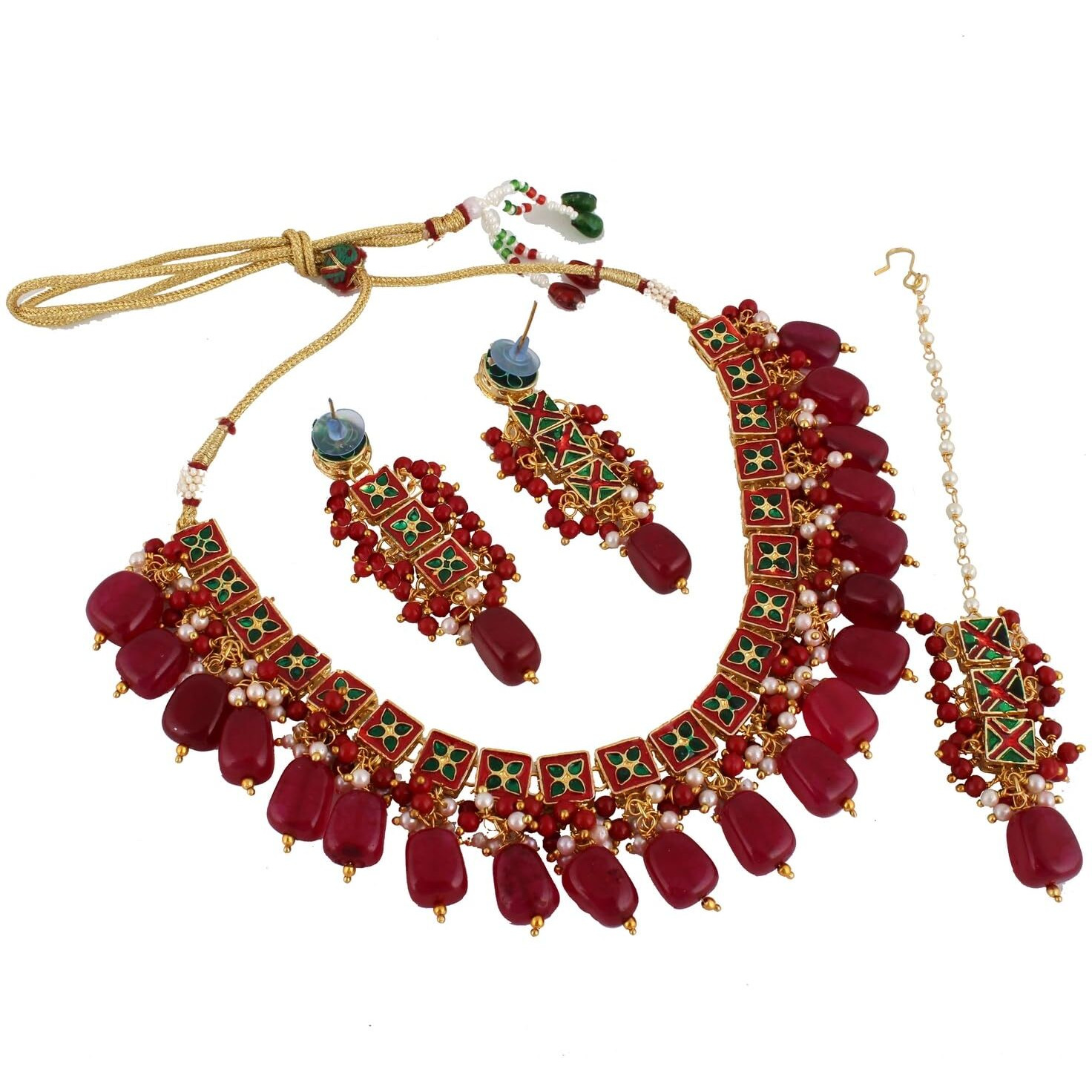 LUCKY JEWELLERY Back Meenakari 18k Gold Plated Maroon Color Square Shape Tika Earring Combo Jewellery Set Uncut Kundan Big Faux Kundan Dibbi Kundan Choker Necklace Set for Girls & Women