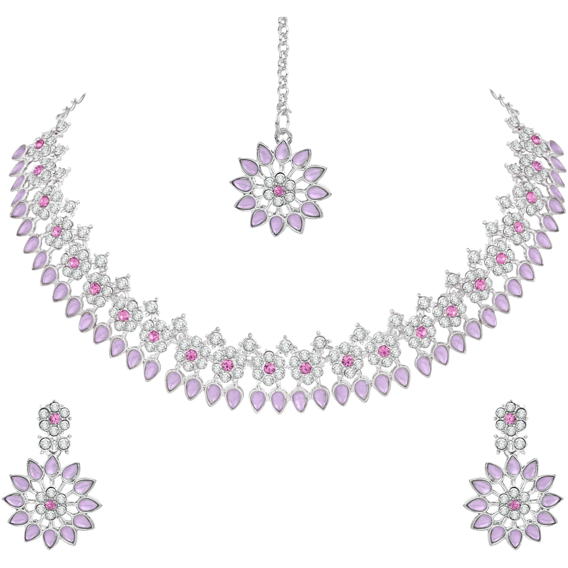 Atasi International Silver Purple Crystals Jewellery Set with Earrings and Maang Tikka for Women - Suited for Party, Wedding, Engagement (RPU5744)