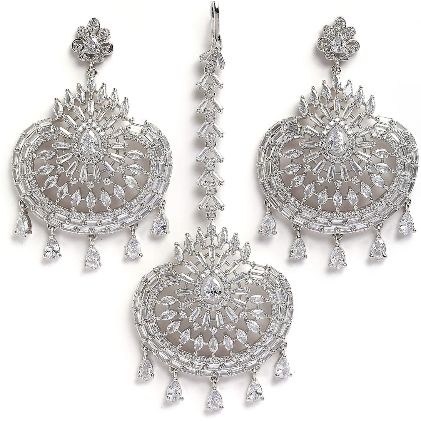 ZENEME Stylish Shiny Round Design Rodhium-Plated Maang Tikka Earring Set Jewellery For Women and Girls (Design 6)