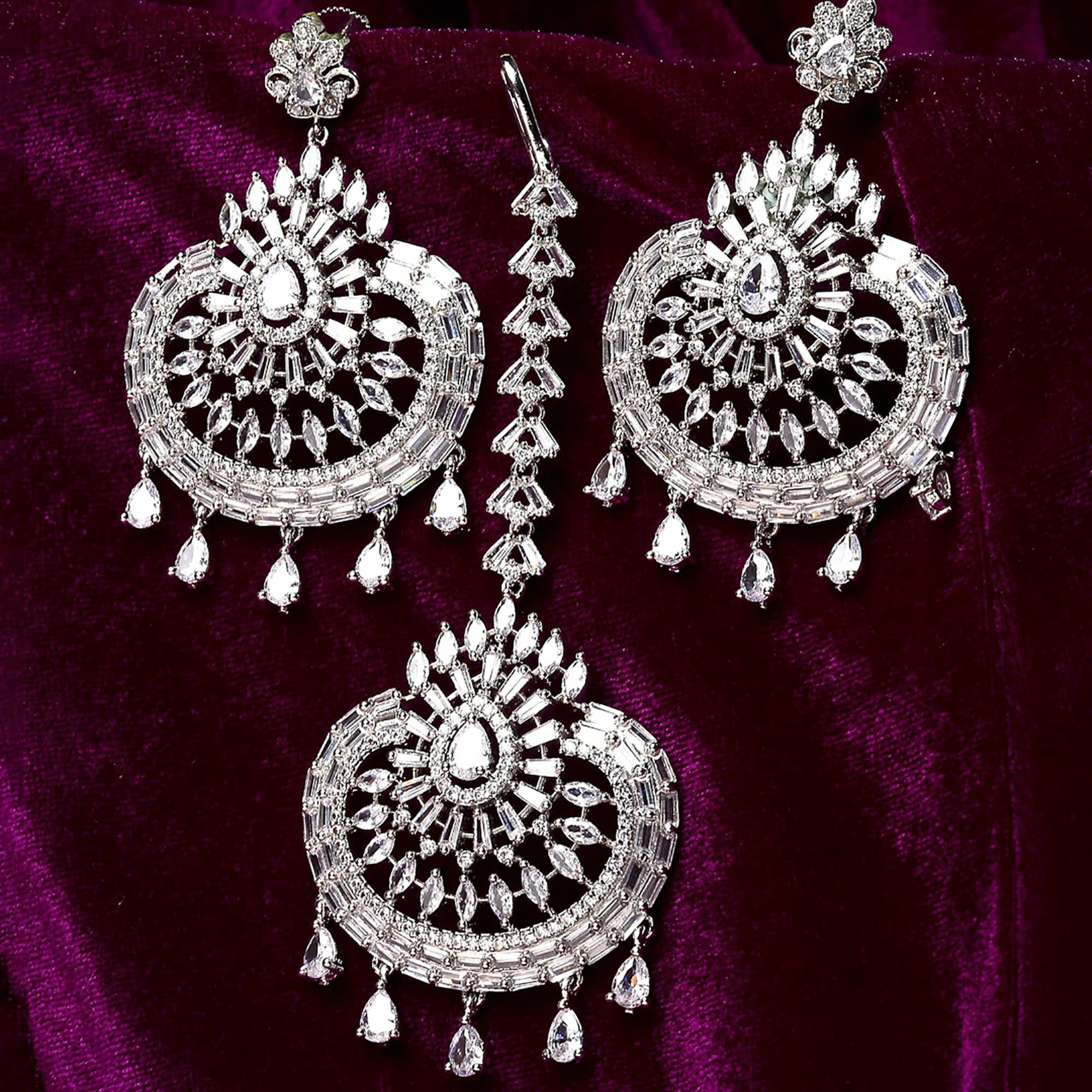 ZENEME Stylish Shiny Round Design Rodhium-Plated Maang Tikka Earring Set Jewellery For Women and Girls (Design 6)