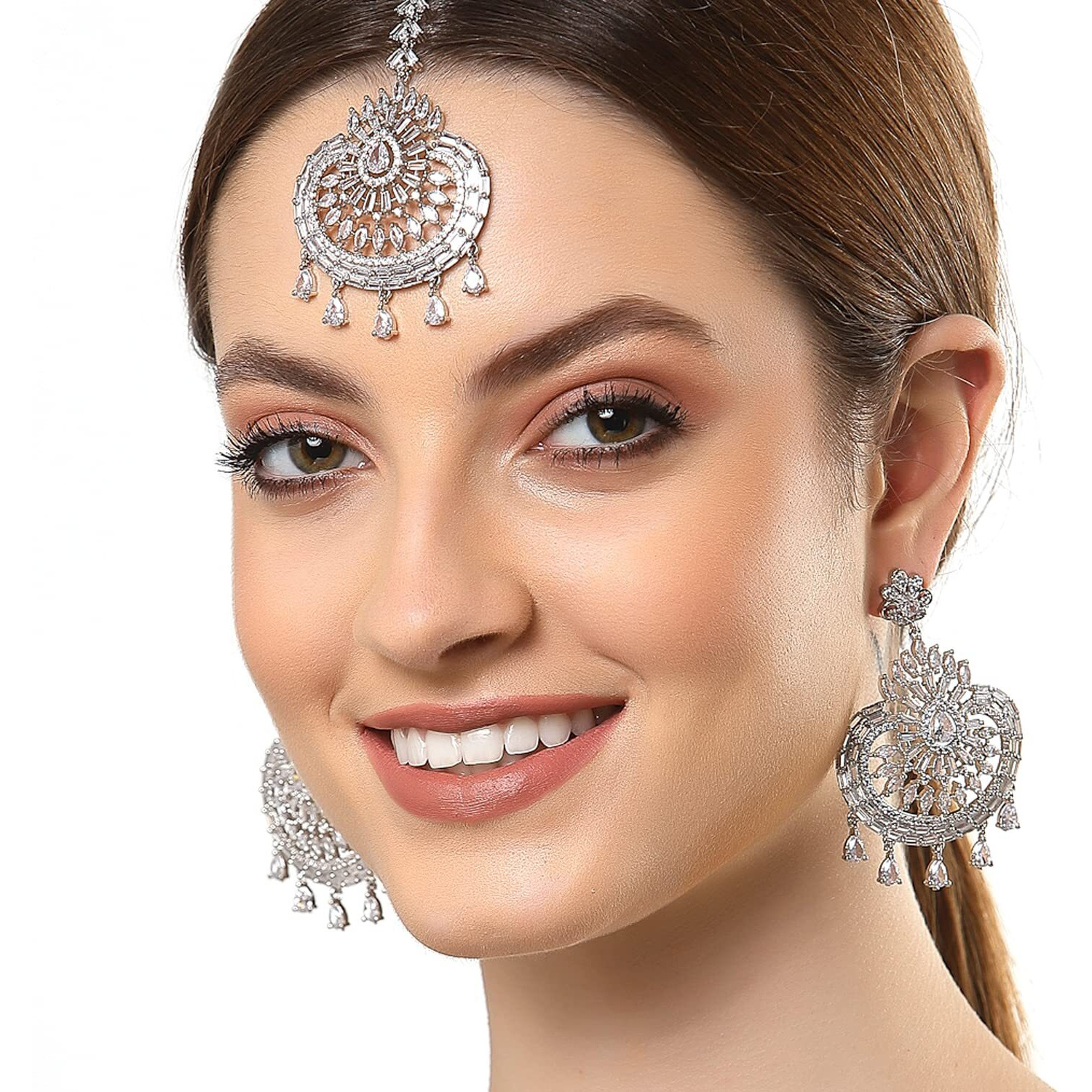 ZENEME Stylish Shiny Round Design Rodhium-Plated Maang Tikka Earring Set Jewellery For Women and Girls (Design 6)