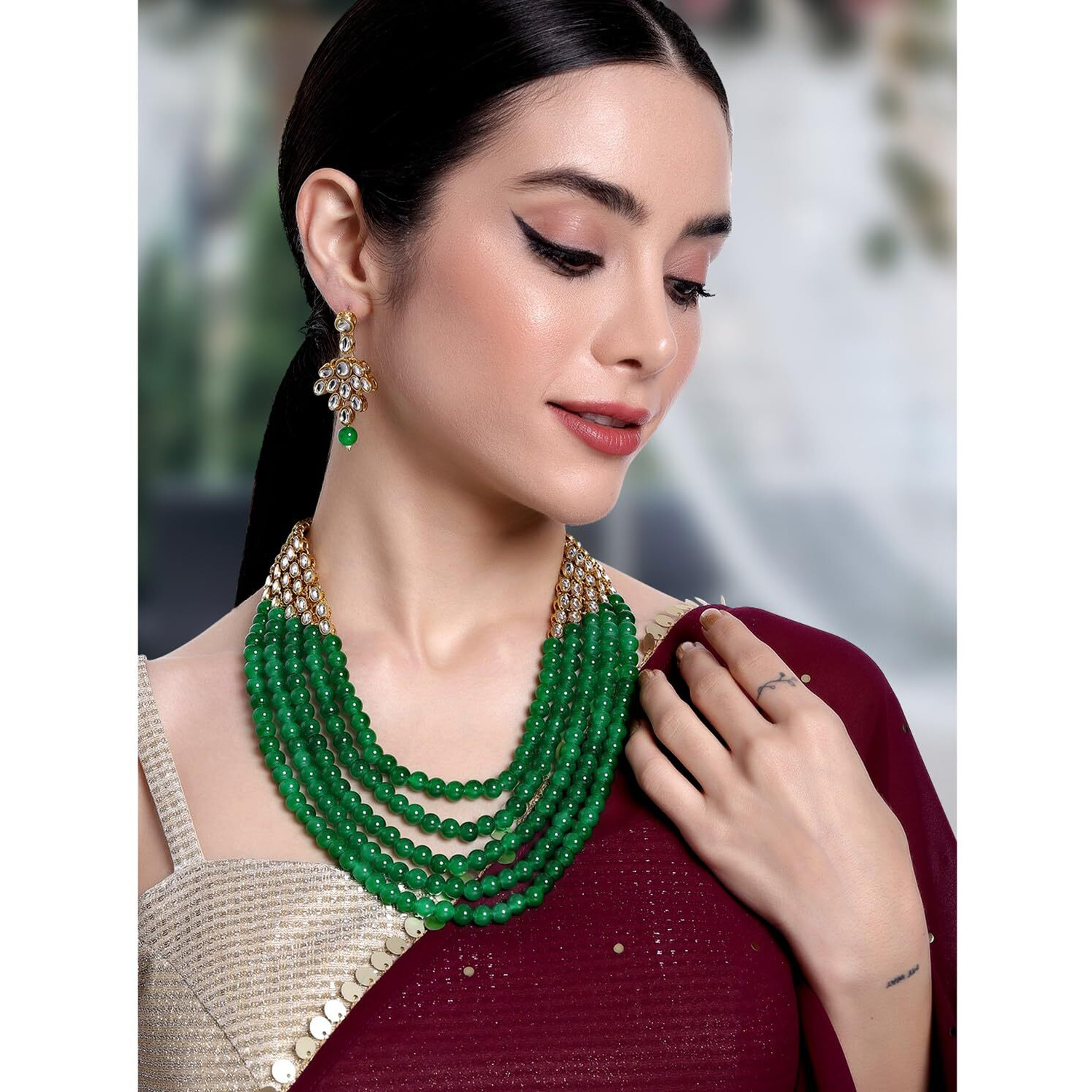 Peora Gold-plated Brass and Pearl & Kundan Jeweller Set for Women & Girls (Green)
