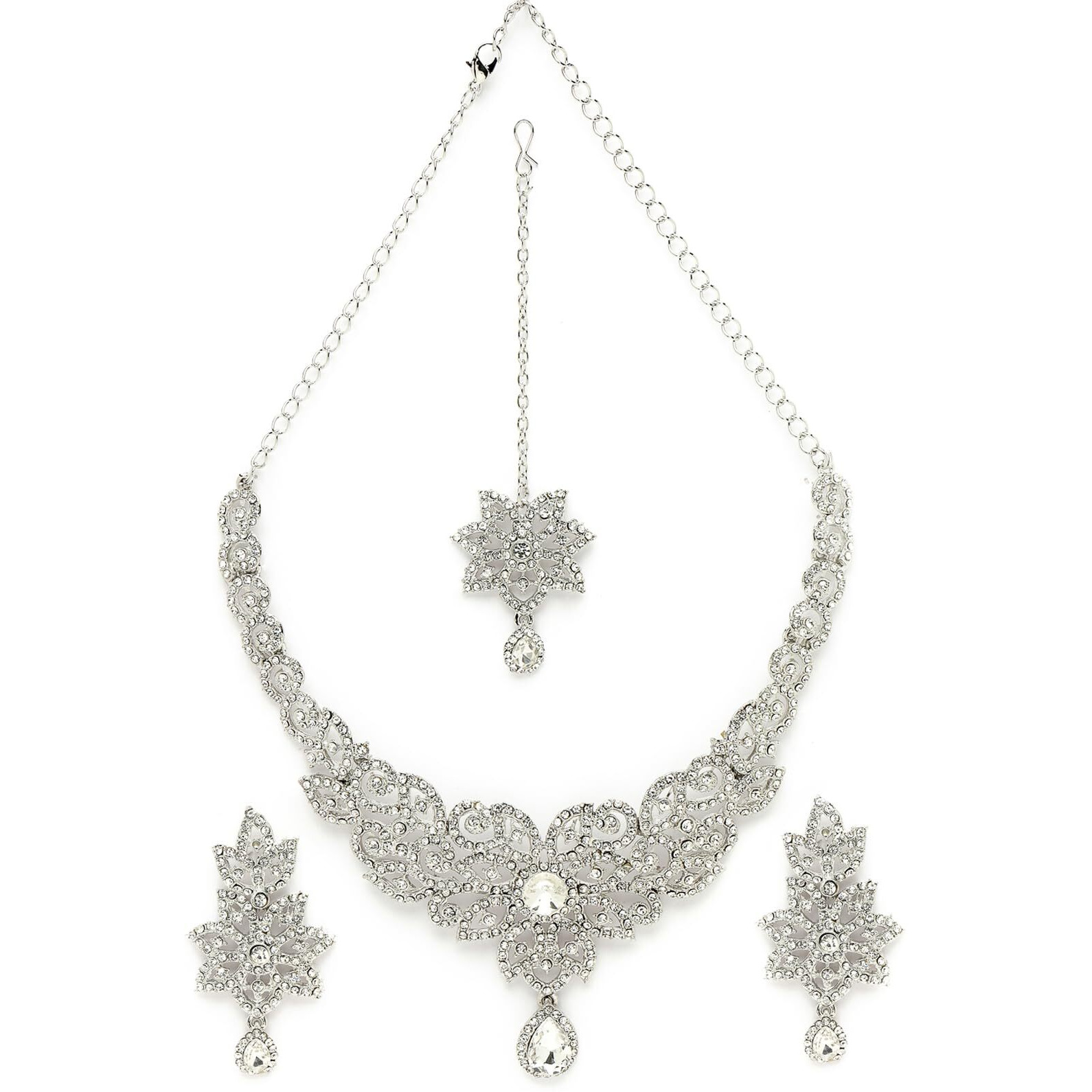 Sukkhi Gracious Rhodium Plated Silver AD White Stones Collar Bone Necklace Set With Earring And Maangtika | Jewellery Set For Women (NS105573)