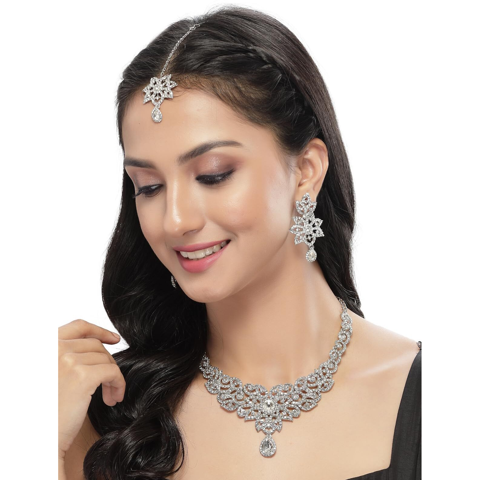 Sukkhi Gracious Rhodium Plated Silver AD White Stones Collar Bone Necklace Set With Earring And Maangtika | Jewellery Set For Women (NS105573)