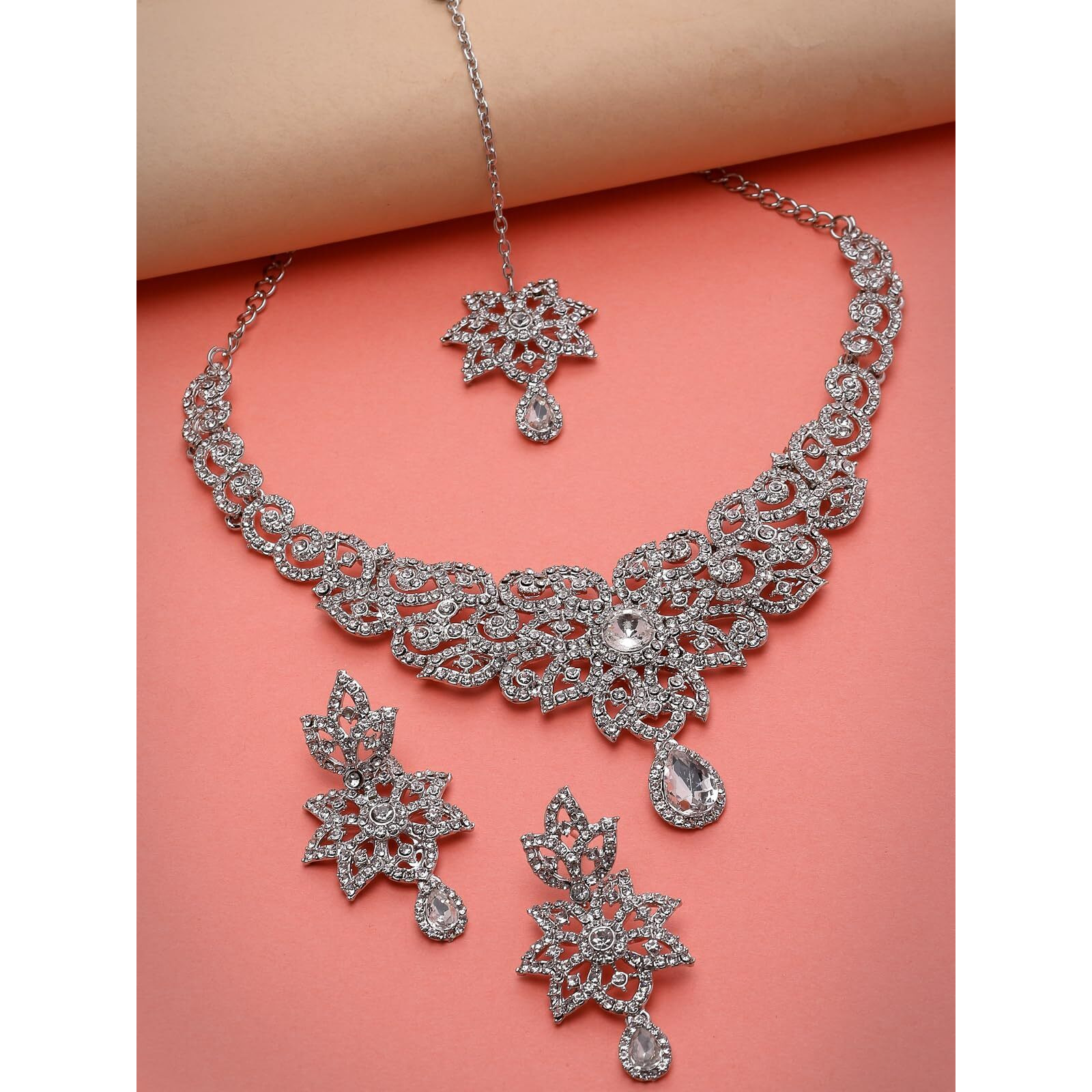 Sukkhi Gracious Rhodium Plated Silver AD White Stones Collar Bone Necklace Set With Earring And Maangtika | Jewellery Set For Women (NS105573)