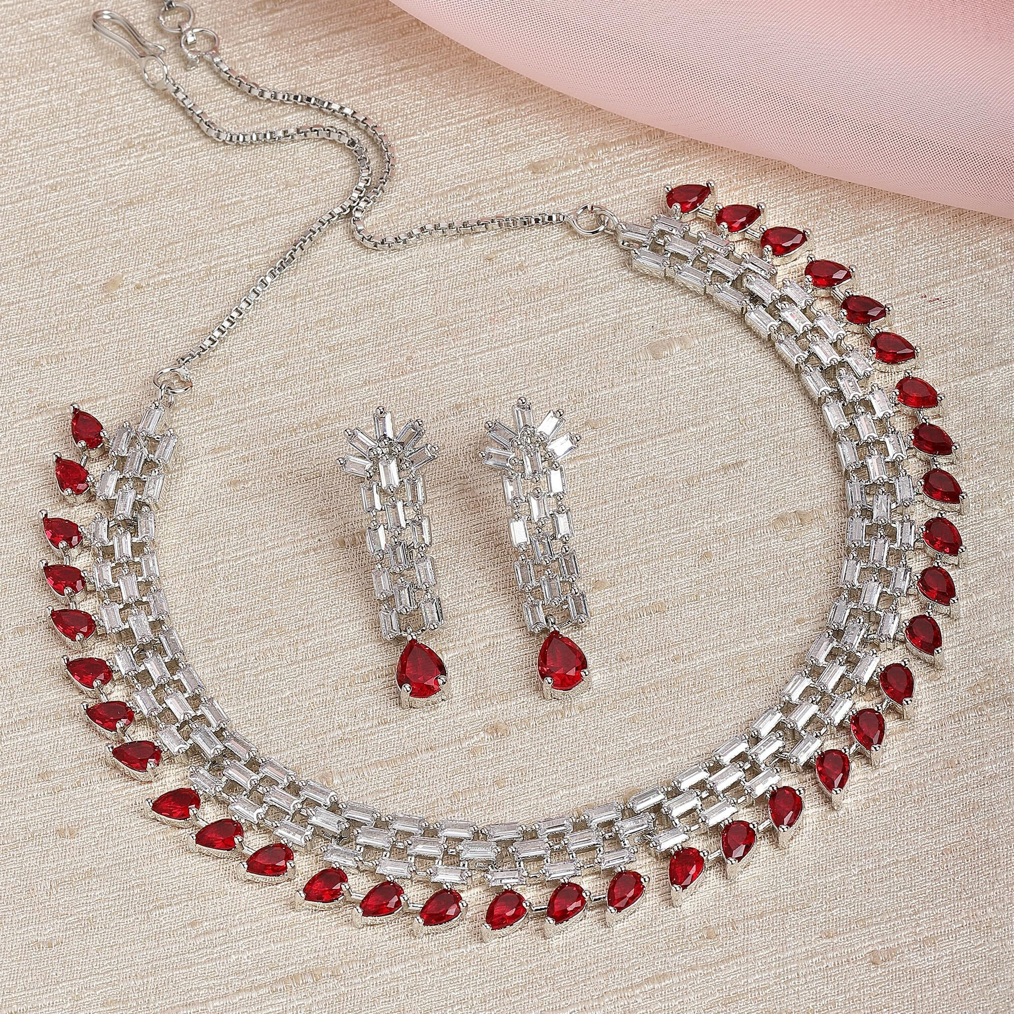 ZENEME Rhodium-Plated Red and White American Diamond Stone-Studded Necklace with Earrings Jewellery Set for Women & Girls (Red)