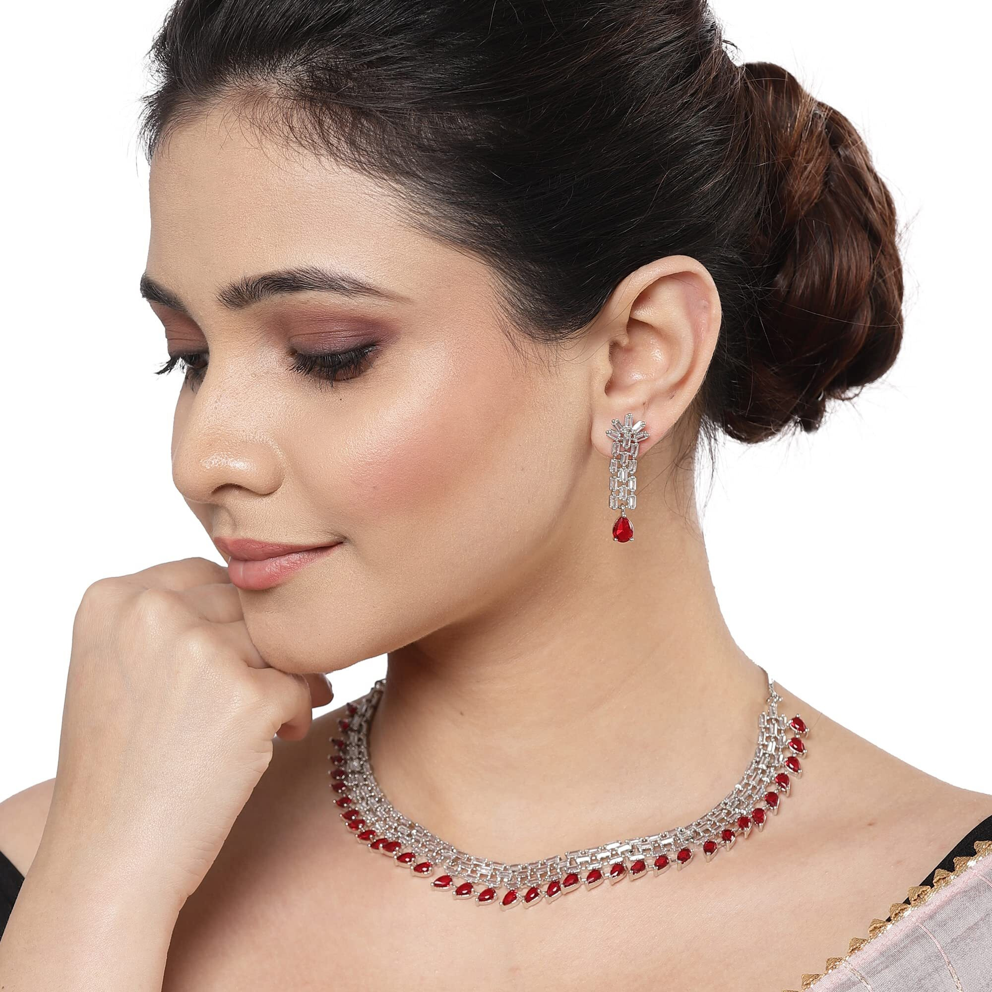 ZENEME Rhodium-Plated Red and White American Diamond Stone-Studded Necklace with Earrings Jewellery Set for Women & Girls (Red)