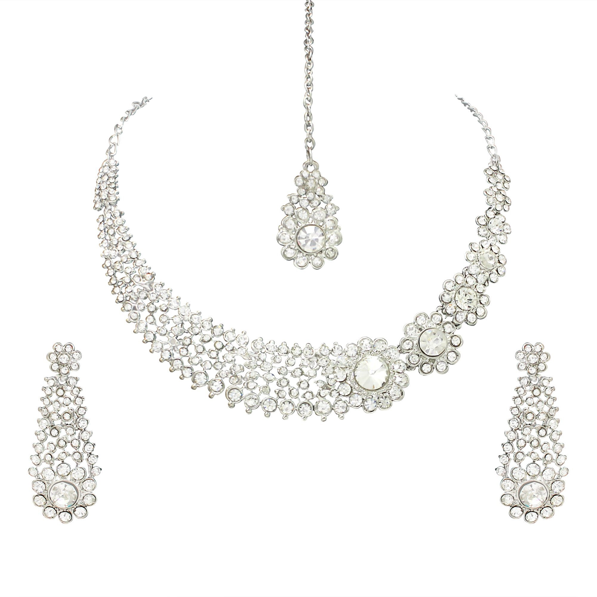 Atasi International Charming Silver-Plated Alloy Choker Necklace/Jewellery Set with Earrings & Mangtikka for women