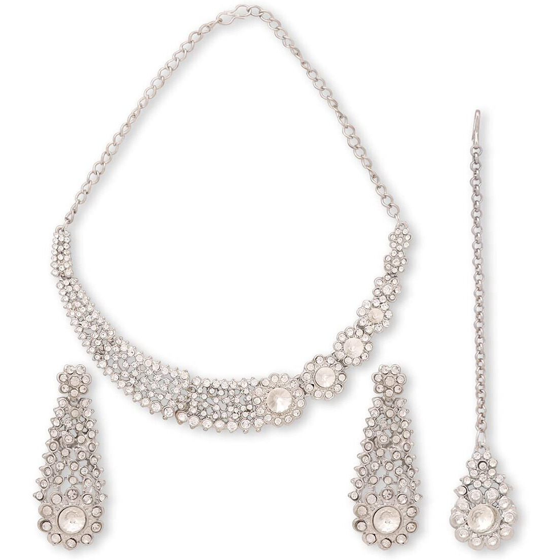 Atasi International Charming Silver-Plated Alloy Choker Necklace/Jewellery Set with Earrings & Mangtikka for women
