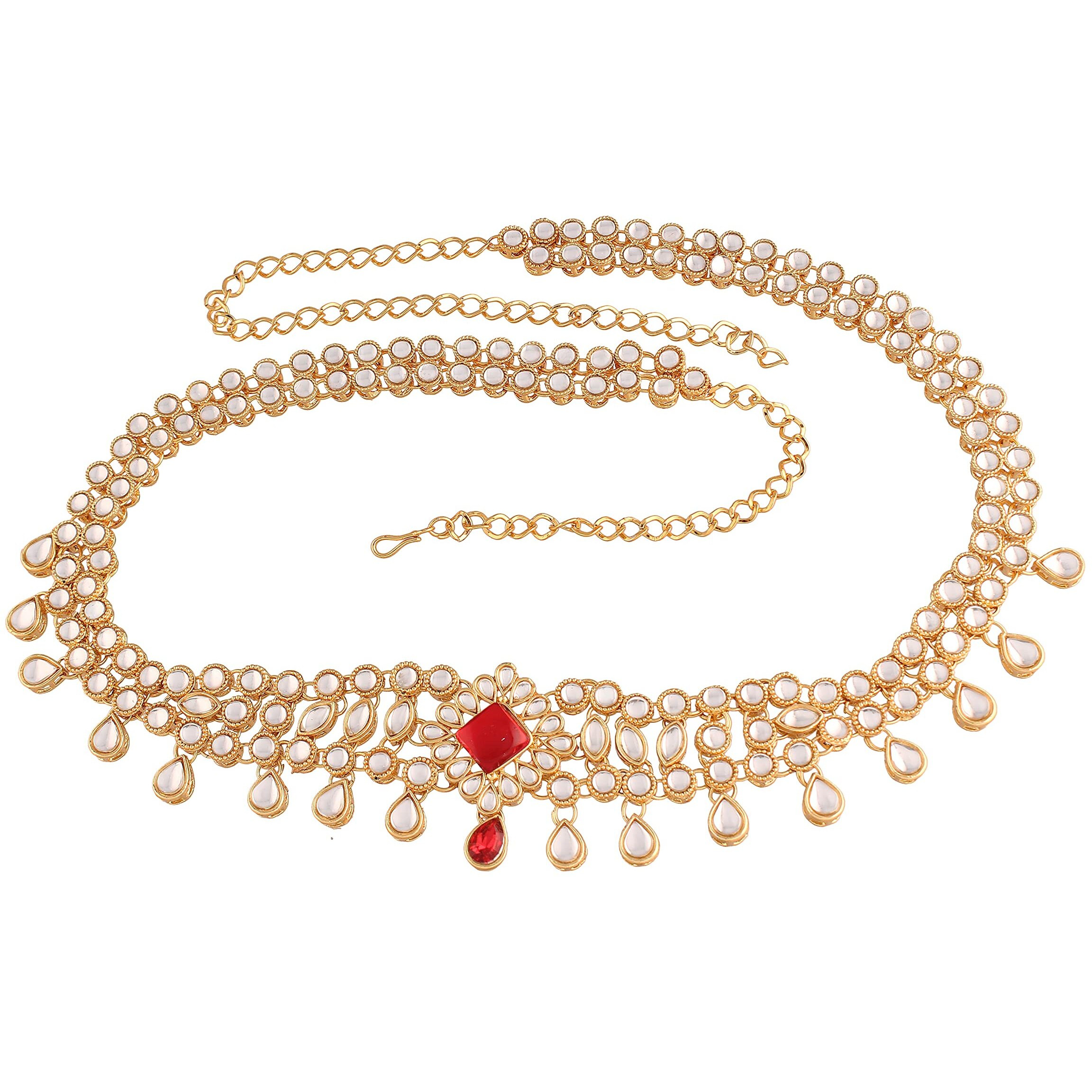 I Jewels 18K Gold Plated Traditional Ethnic Kundan And Stone Studded Adjustable Kamarband/Belly Chain/Kandora/Wait Belt For Women (B027R)