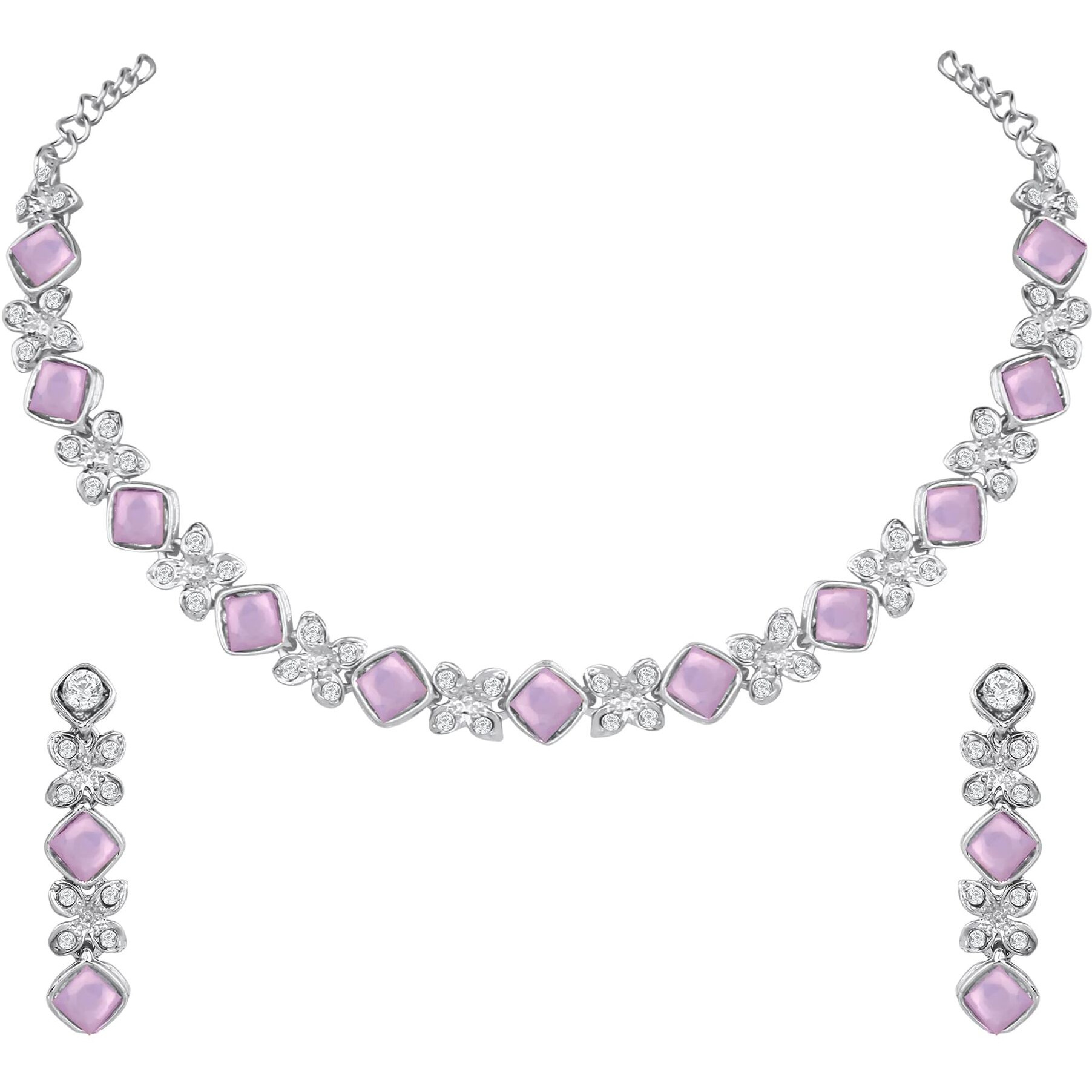 Atasi International Silver Plated Purple Crystals AD Diamond Style Delicate Necklace Jewellery Set for Women & GIrls (RPU1744)