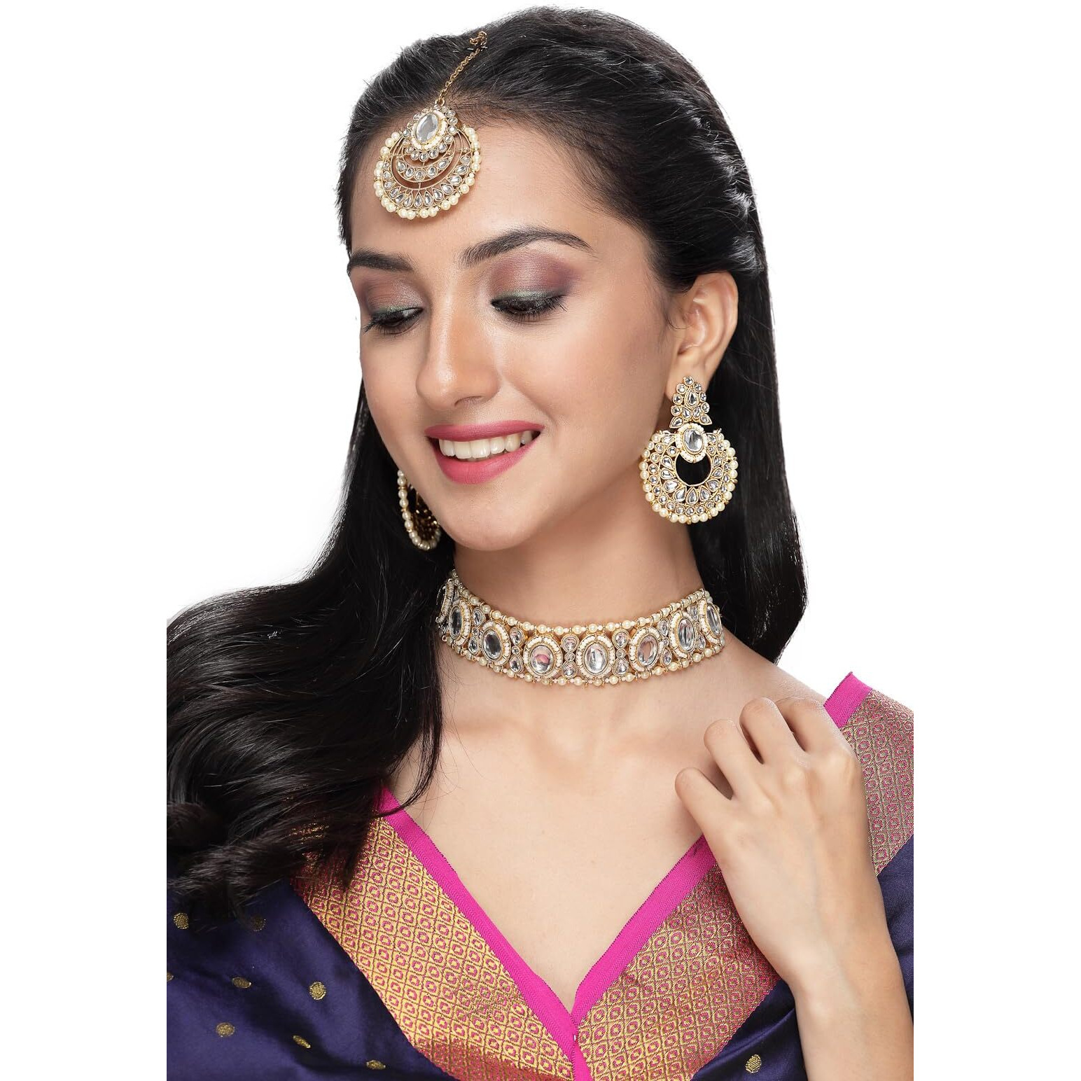 Sukkhi Indian Traditional Gold Plated White Stone & Beads Choker Necklace Set With Earring And Maangtika | Jewellery Set For Women (NS105709)