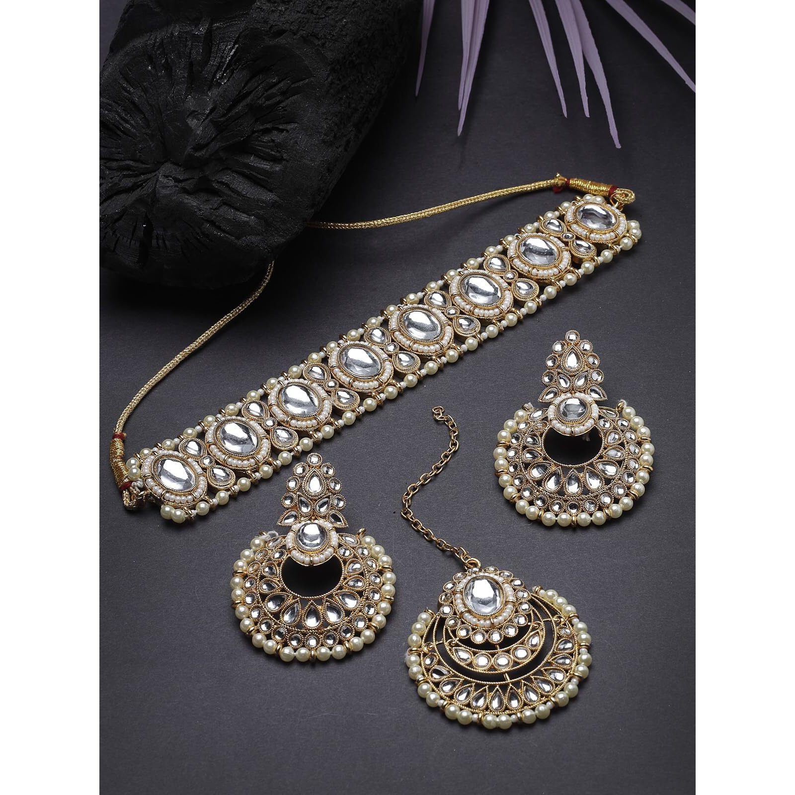 Sukkhi Indian Traditional Gold Plated White Stone & Beads Choker Necklace Set With Earring And Maangtika | Jewellery Set For Women (NS105709)