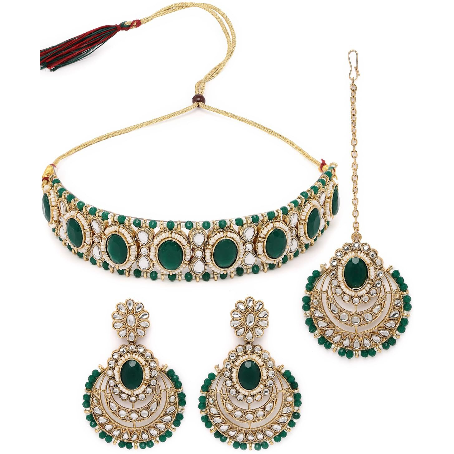 Sukkhi Indian Traditional Gold Plated Green Stone & Beads Choker Necklace Set With Earring And Maangtika | Jewellery Set For Women (NS105710)