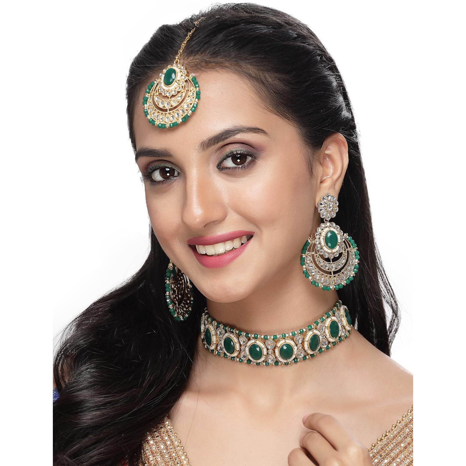 Sukkhi Indian Traditional Gold Plated Green Stone & Beads Choker Necklace Set With Earring And Maangtika | Jewellery Set For Women (NS105710)