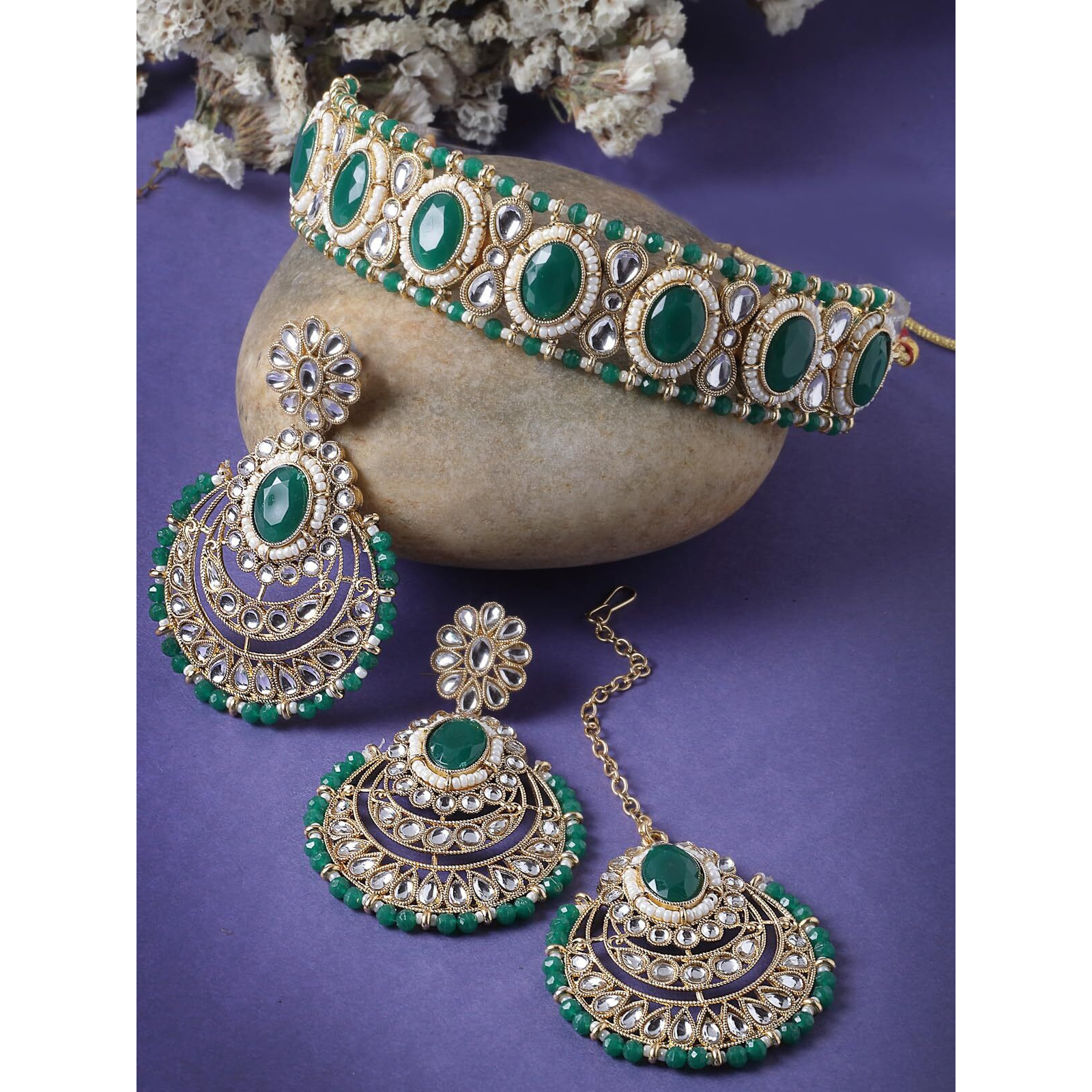 Sukkhi Indian Traditional Gold Plated Green Stone & Beads Choker Necklace Set With Earring And Maangtika | Jewellery Set For Women (NS105710)