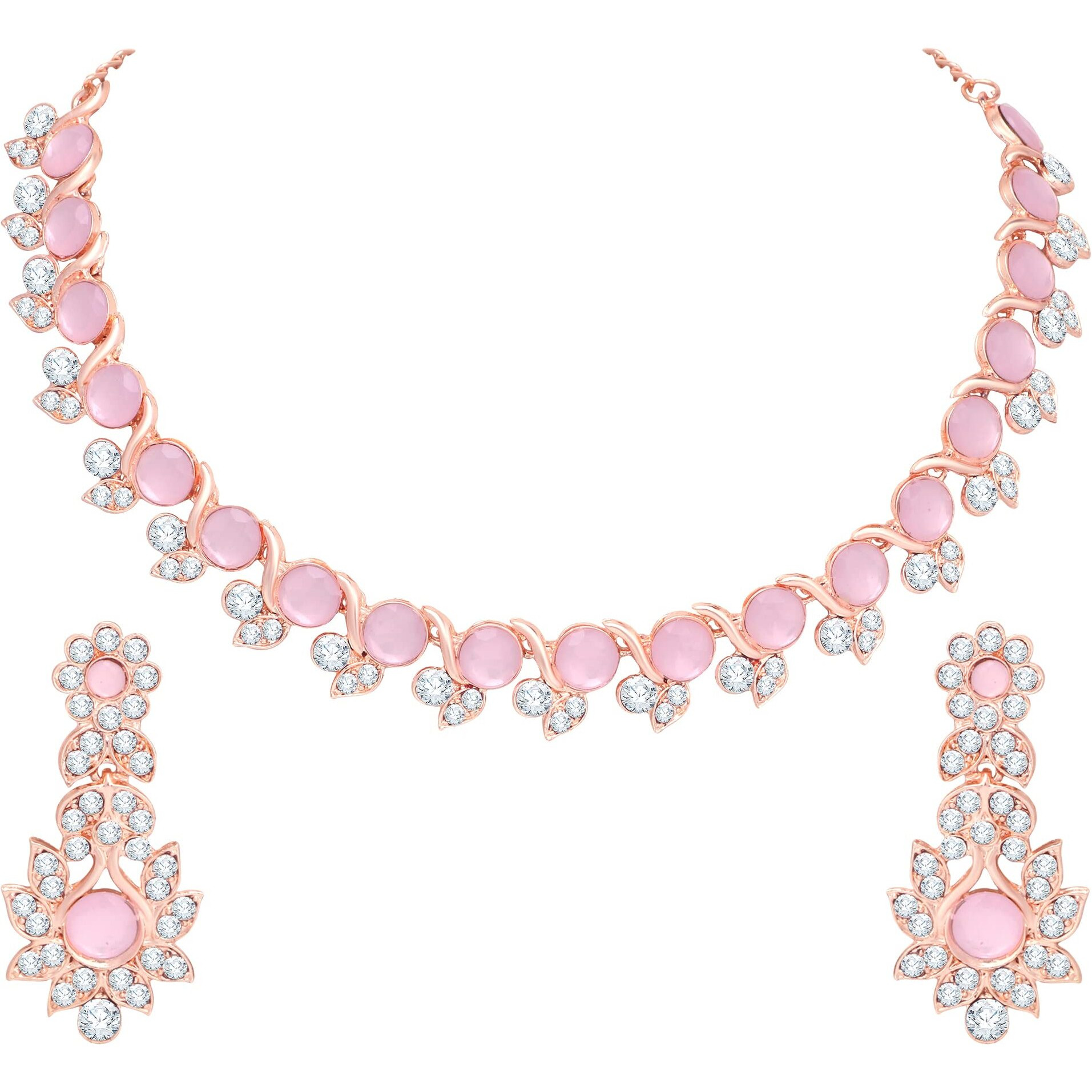 Atasi International Gold Plated Minr Pink Crystals Womens Necklace Set | Jewellery Set With Earrings | MP5764