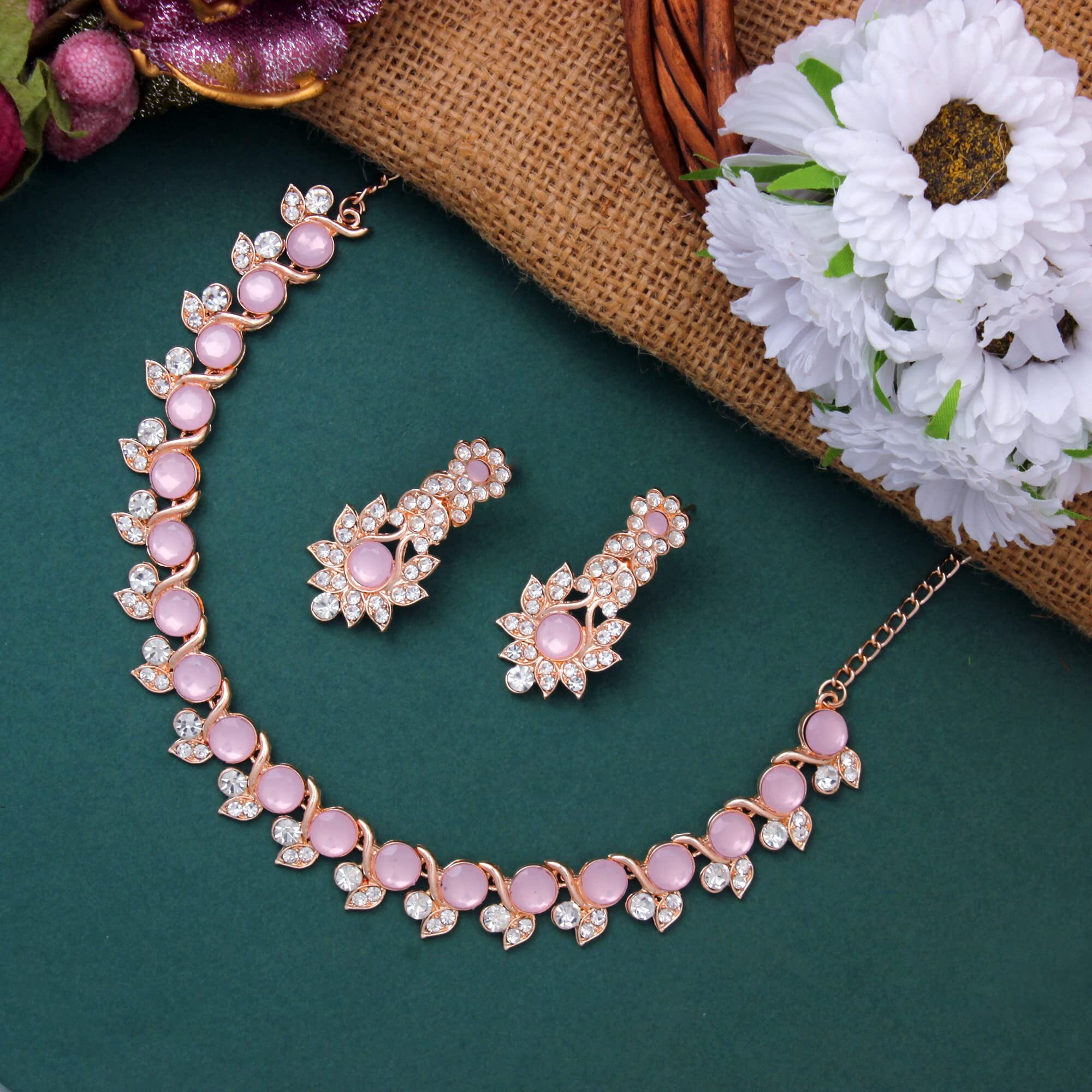 Atasi International Gold Plated Minr Pink Crystals Womens Necklace Set | Jewellery Set With Earrings | MP5764