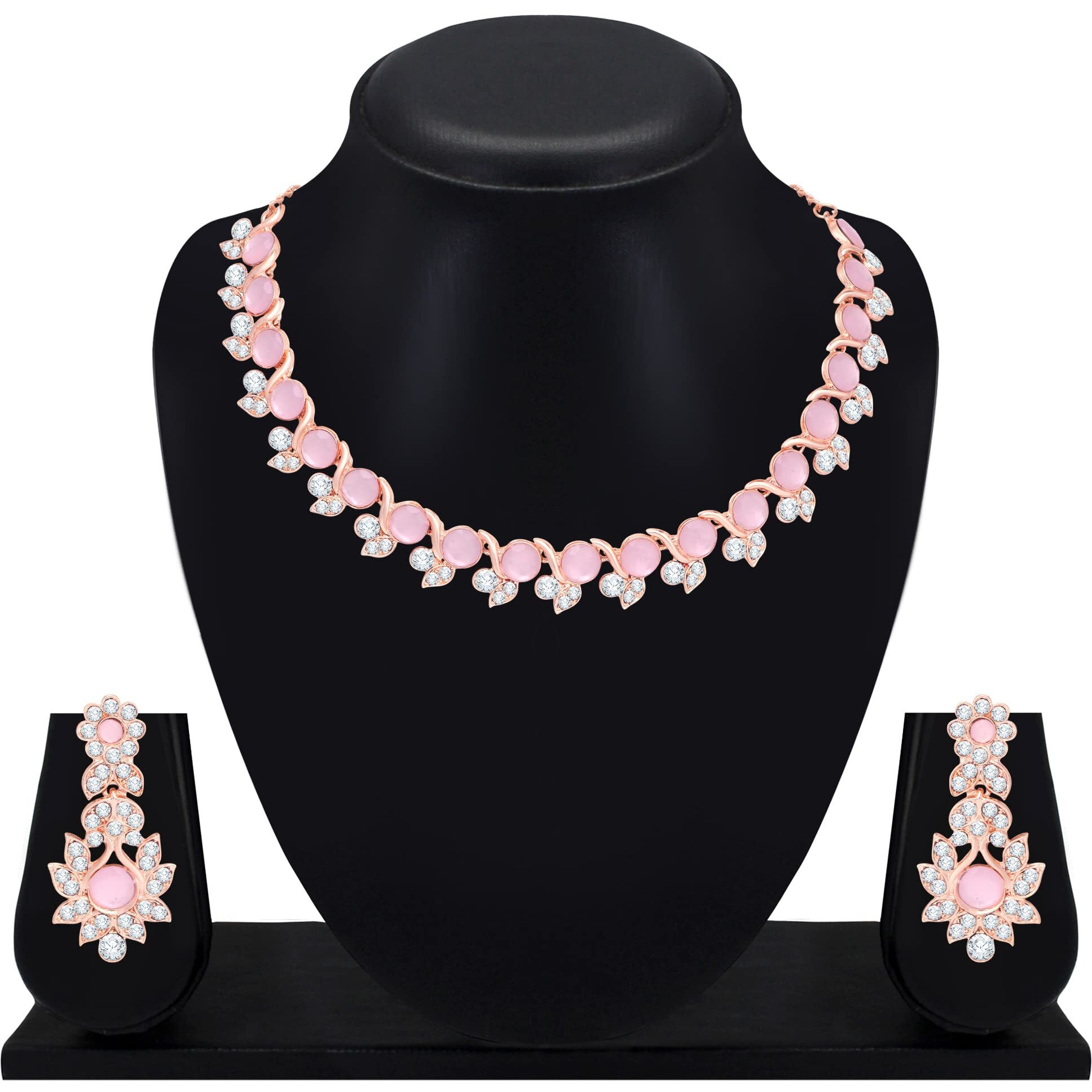 Atasi International Gold Plated Minr Pink Crystals Womens Necklace Set | Jewellery Set With Earrings | MP5764