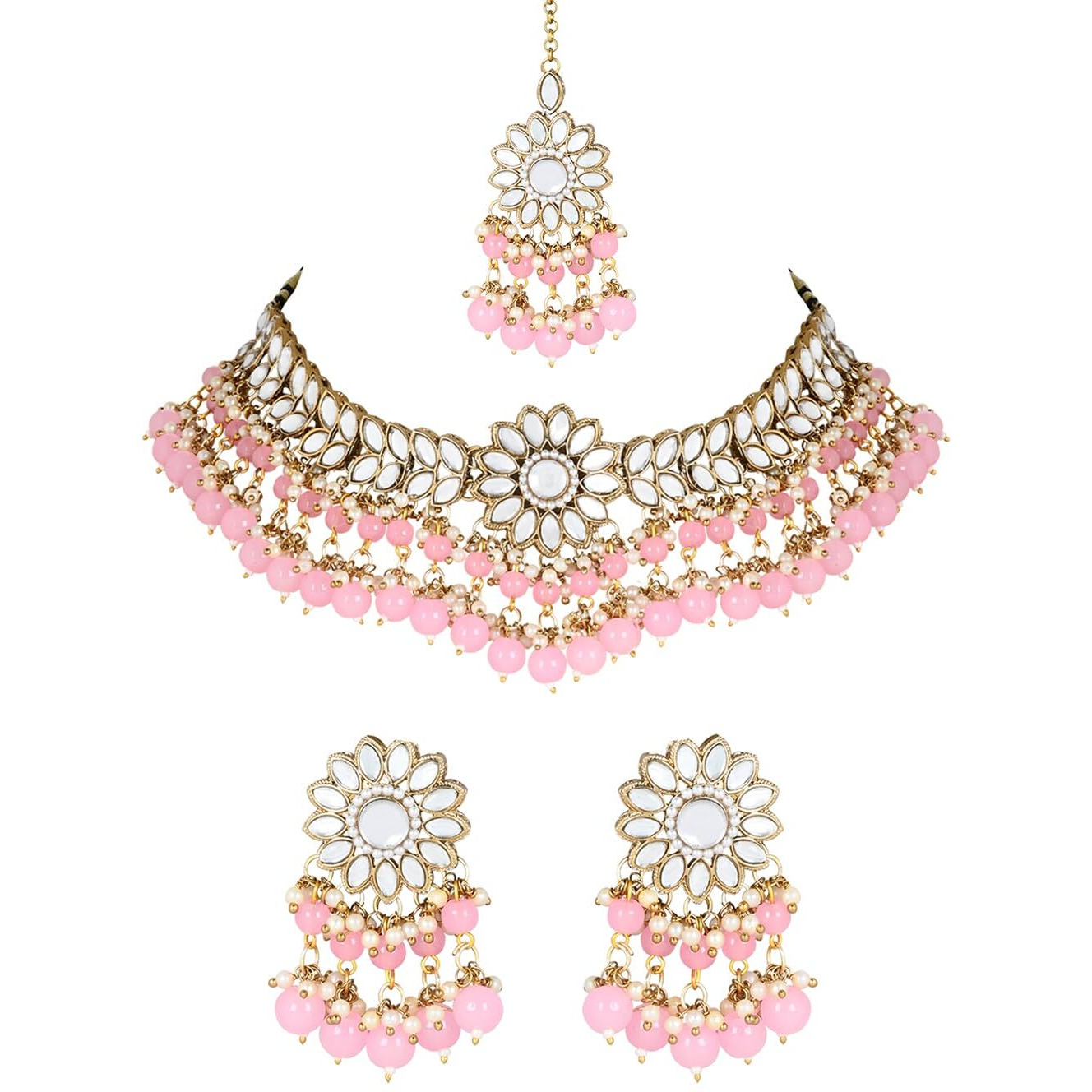 I Jewels 18K Gold Plated Traditional Kundan Studded Pink Pearl Hanging Choker Necklace Jewellery Set With Earrings & Maang Tikka For Women & Girls (K7232Pi)