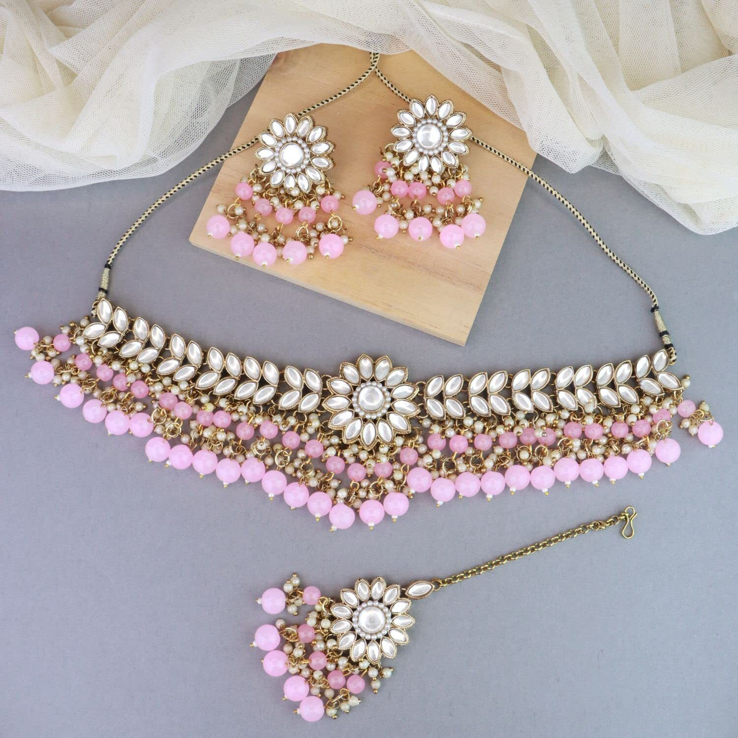 I Jewels 18K Gold Plated Traditional Kundan Studded Pink Pearl Hanging Choker Necklace Jewellery Set With Earrings & Maang Tikka For Women & Girls (K7232Pi)