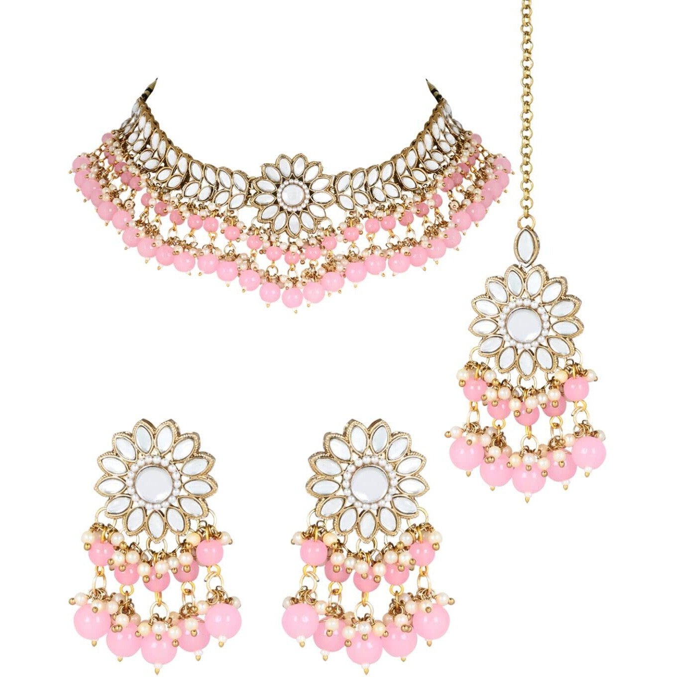 I Jewels 18K Gold Plated Traditional Kundan Studded Pink Pearl Hanging Choker Necklace Jewellery Set With Earrings & Maang Tikka For Women & Girls (K7232Pi)