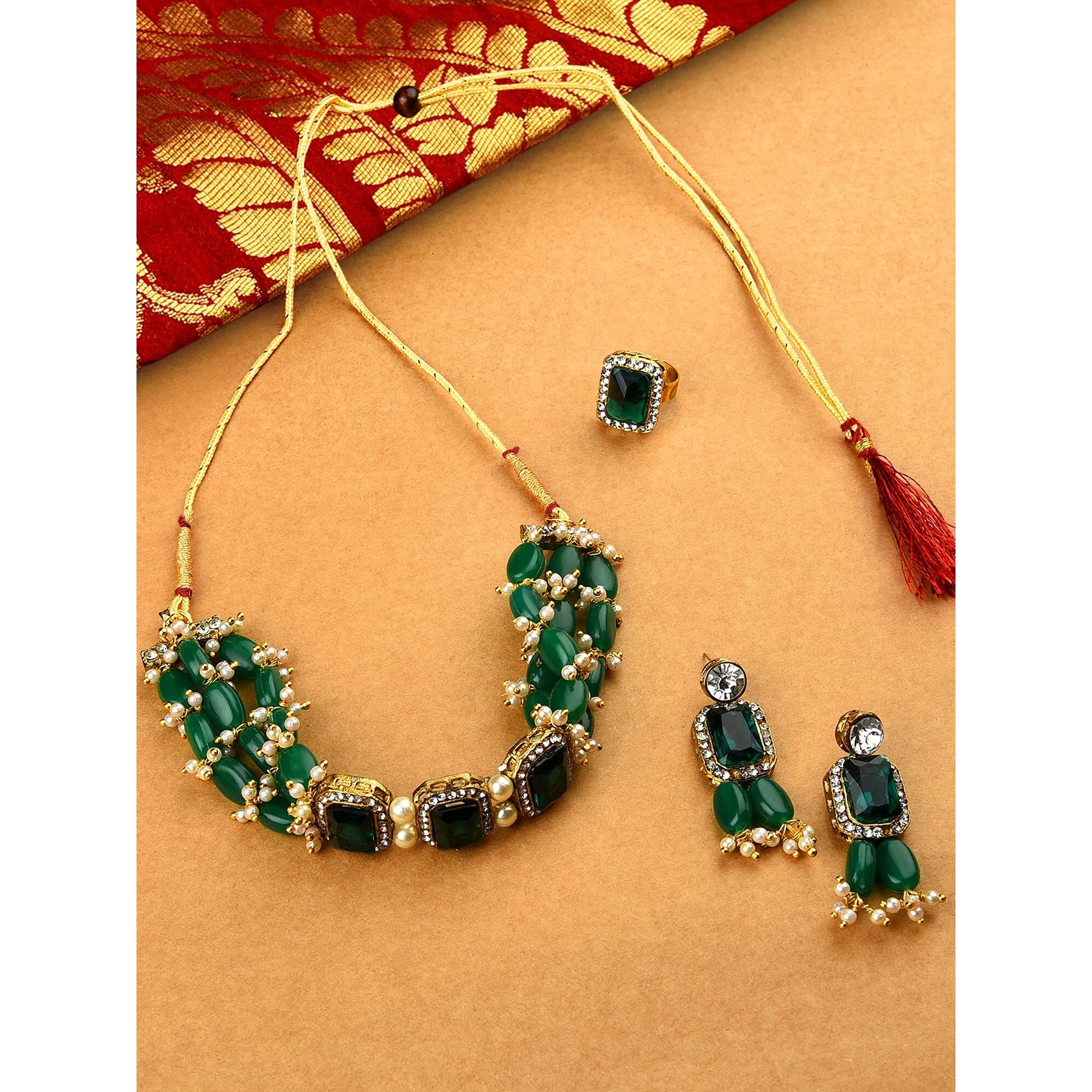 ZAVERI PEARLS Green Beads Ethnic Choker Necklace Earring & Ring Set For Women-ZPFK10767