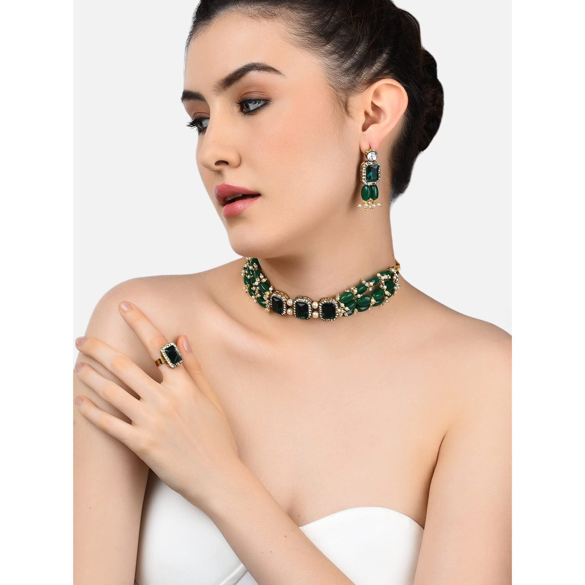 ZAVERI PEARLS Green Beads Ethnic Choker Necklace Earring & Ring Set For Women-ZPFK10767