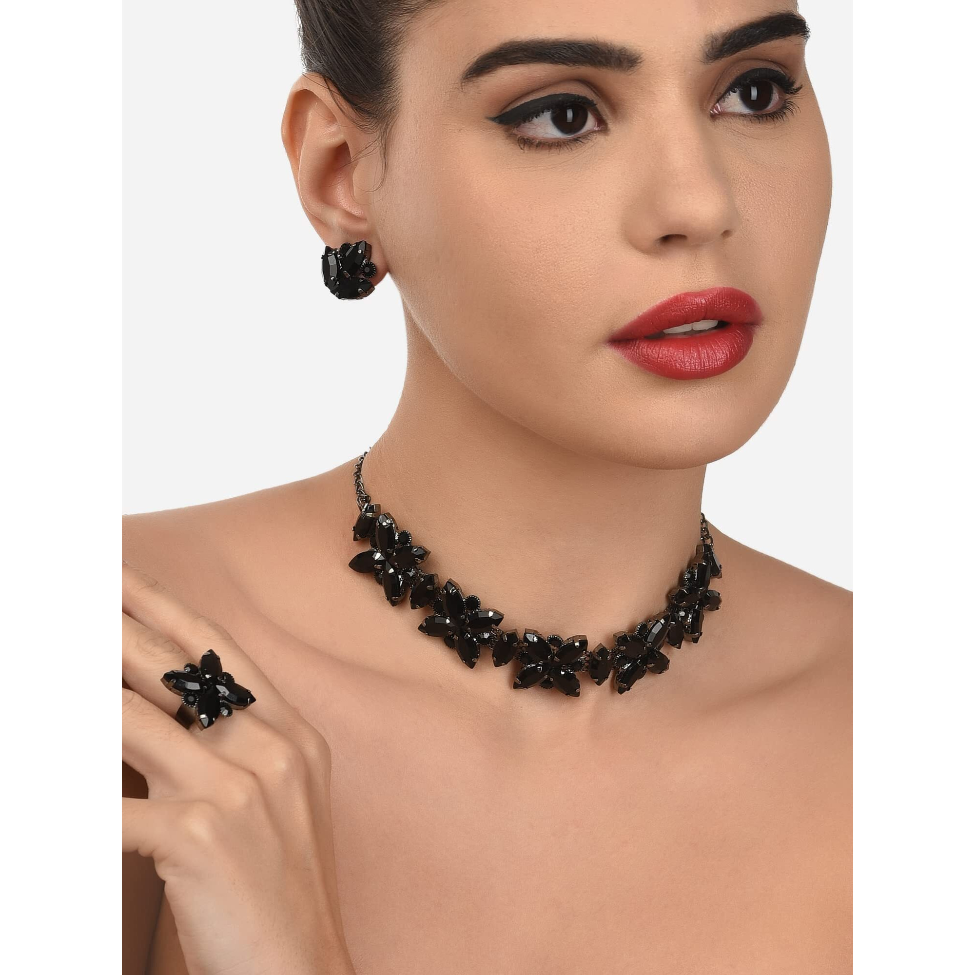 ZAVERI PEARLS Black Dazzling Stones Embellished Contemporary Necklace Earring & Ring Set For Women-ZPFK12620