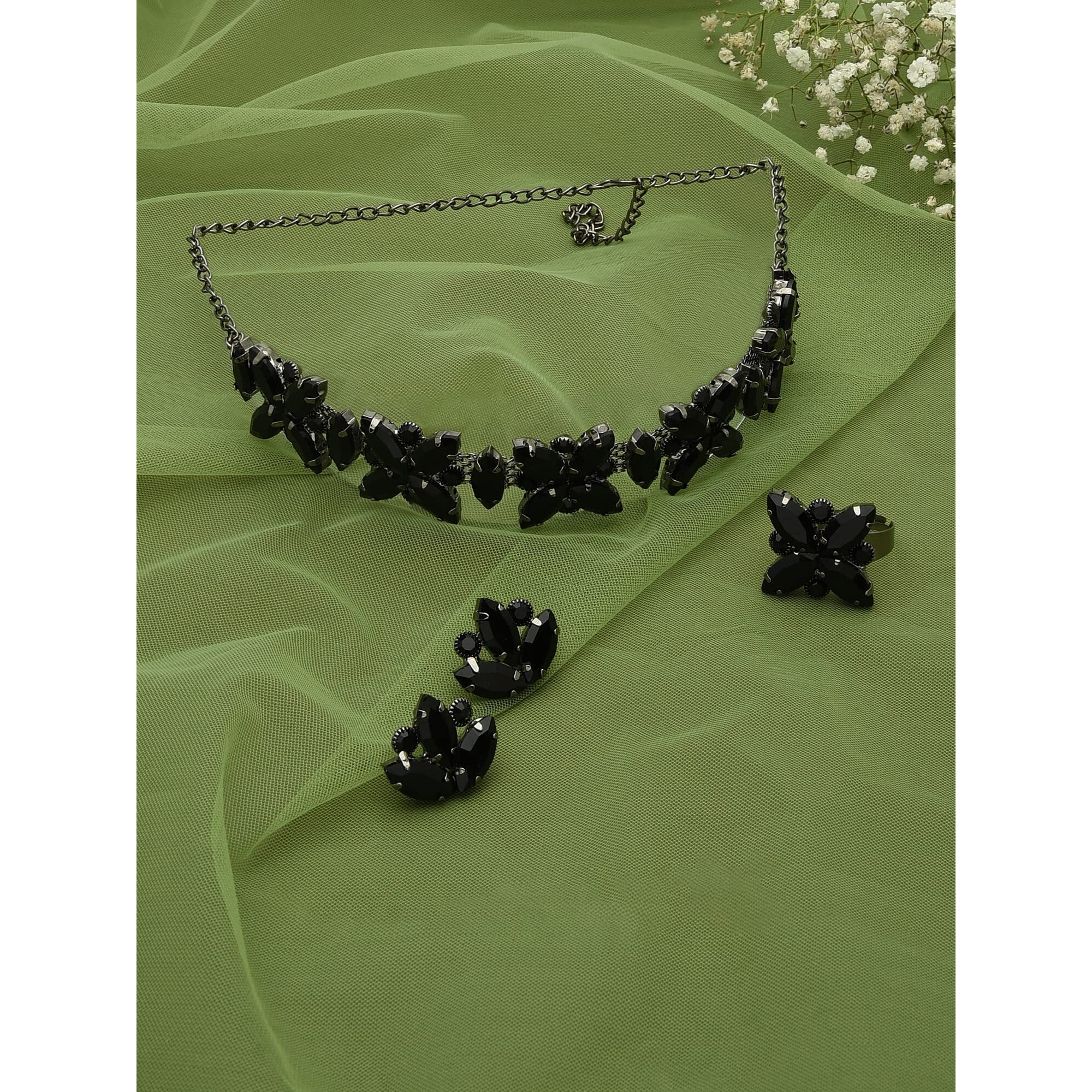 ZAVERI PEARLS Black Dazzling Stones Embellished Contemporary Necklace Earring & Ring Set For Women-ZPFK12620