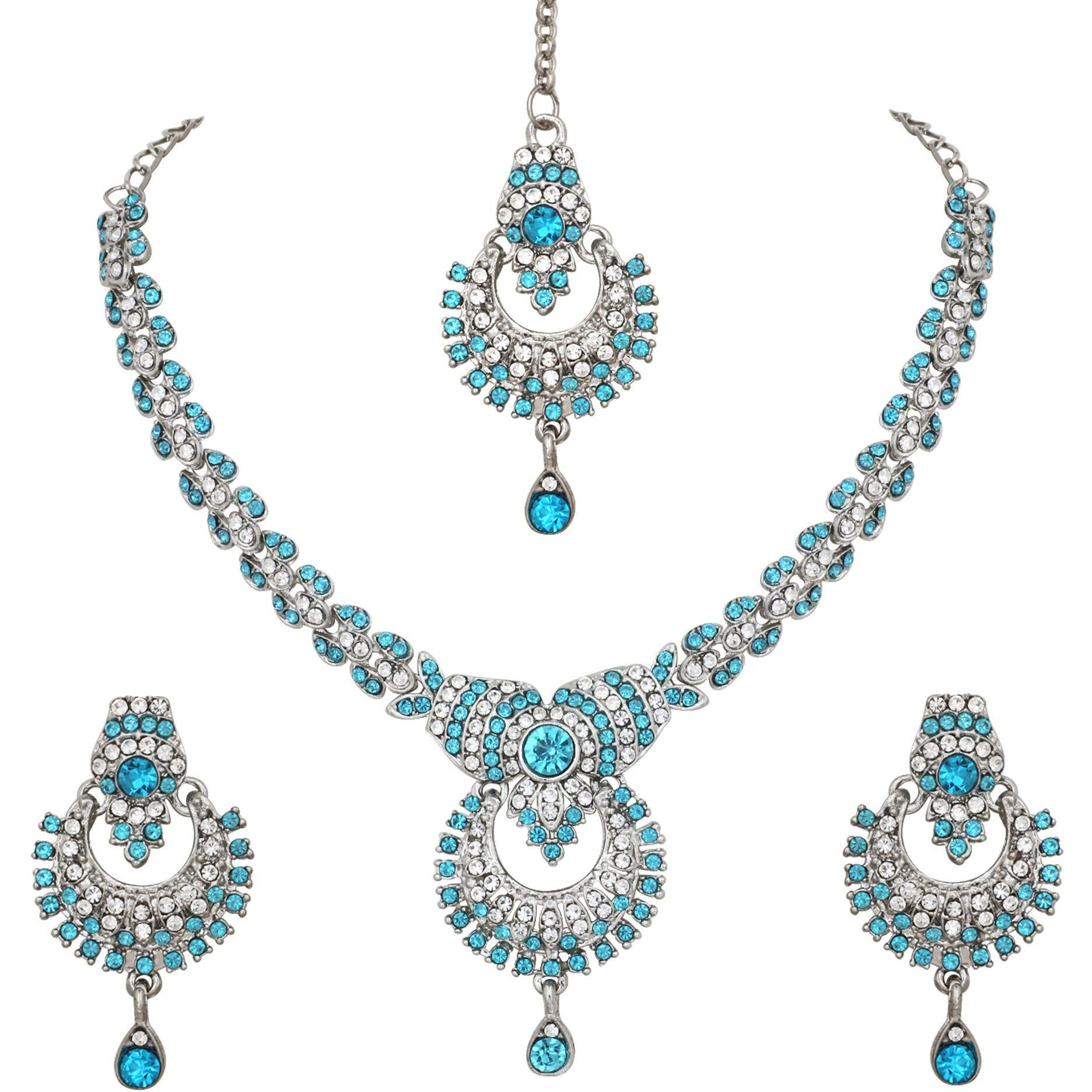 Atasi International Delightful Rhodium Silver Plated Alloy Necklace Jewellery Set with Earrings and Maang Tikka (White & Blue)