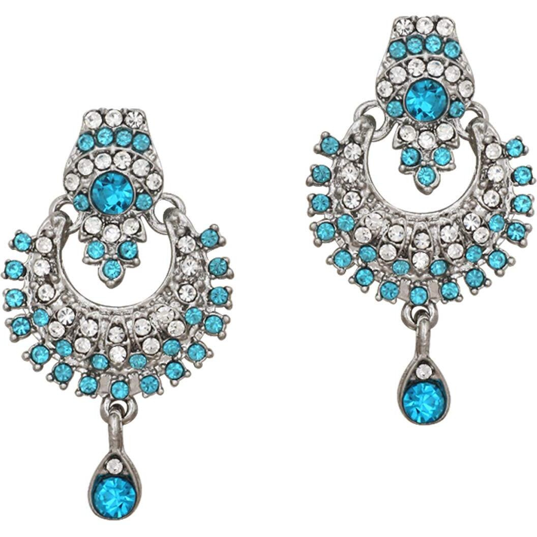 Atasi International Delightful Rhodium Silver Plated Alloy Necklace Jewellery Set with Earrings and Maang Tikka (White & Blue)