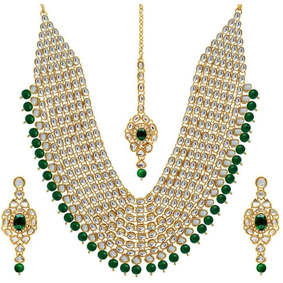 Shining Diva Fashion Latest Kundan Design Bridal Necklace Set for Women Wedding Traditional Gold Plated Jewellery Set for Women (Green) (10011s)