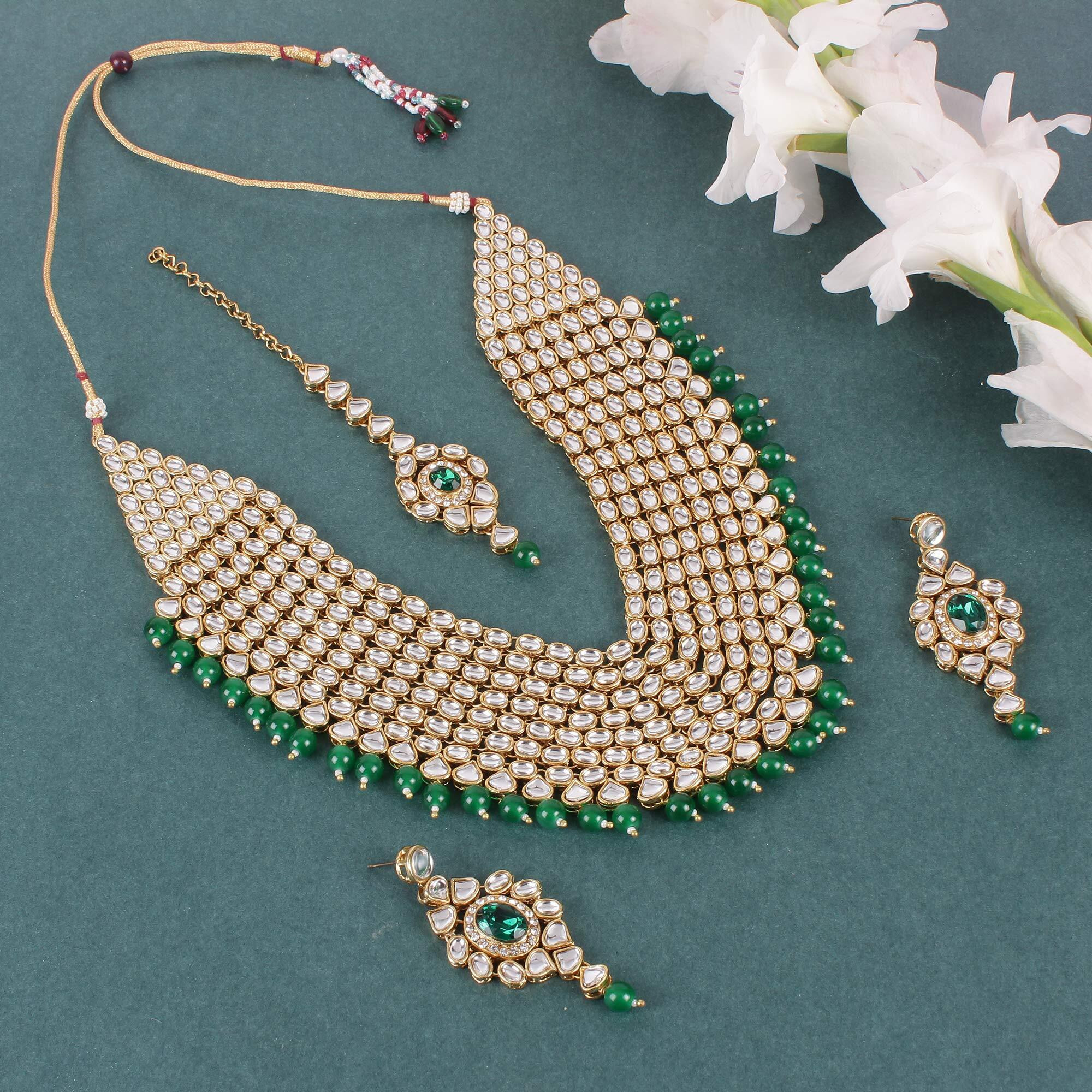 Shining Diva Fashion Latest Kundan Design Bridal Necklace Set for Women Wedding Traditional Gold Plated Jewellery Set for Women (Green) (10011s)