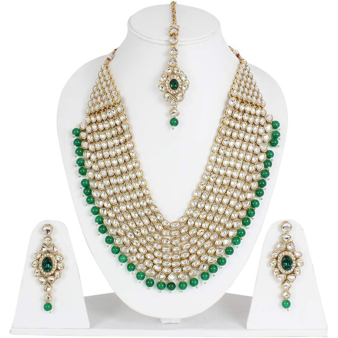 Shining Diva Fashion Latest Kundan Design Bridal Necklace Set for Women Wedding Traditional Gold Plated Jewellery Set for Women (Green) (10011s)