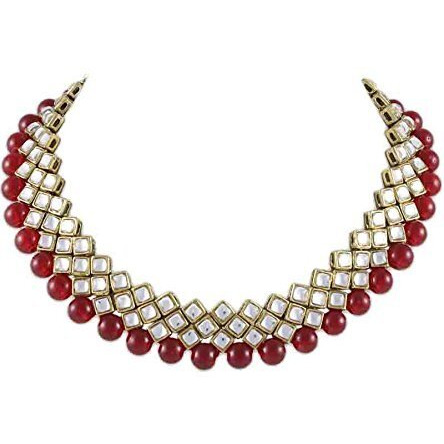 Shining Diva Fashion Red Kundan Pearl Choker Traditional Necklace Jewellery Set With Earrings For Women (7813S)