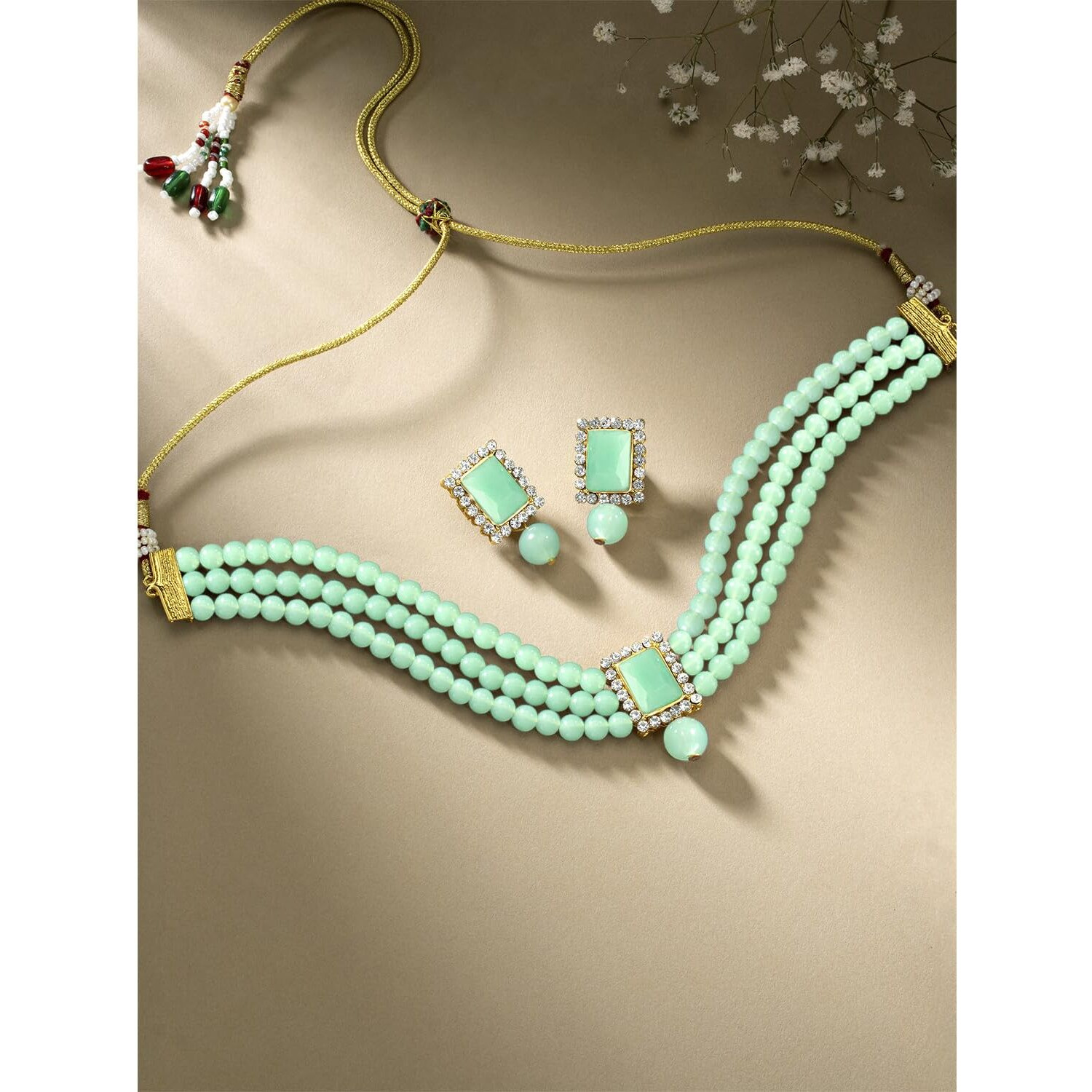 Peora Gold Plated Ethnic Choker Crystal Pearl Beaded Necklace & Earrings Set Jewellery for Girls & Women (Mint)