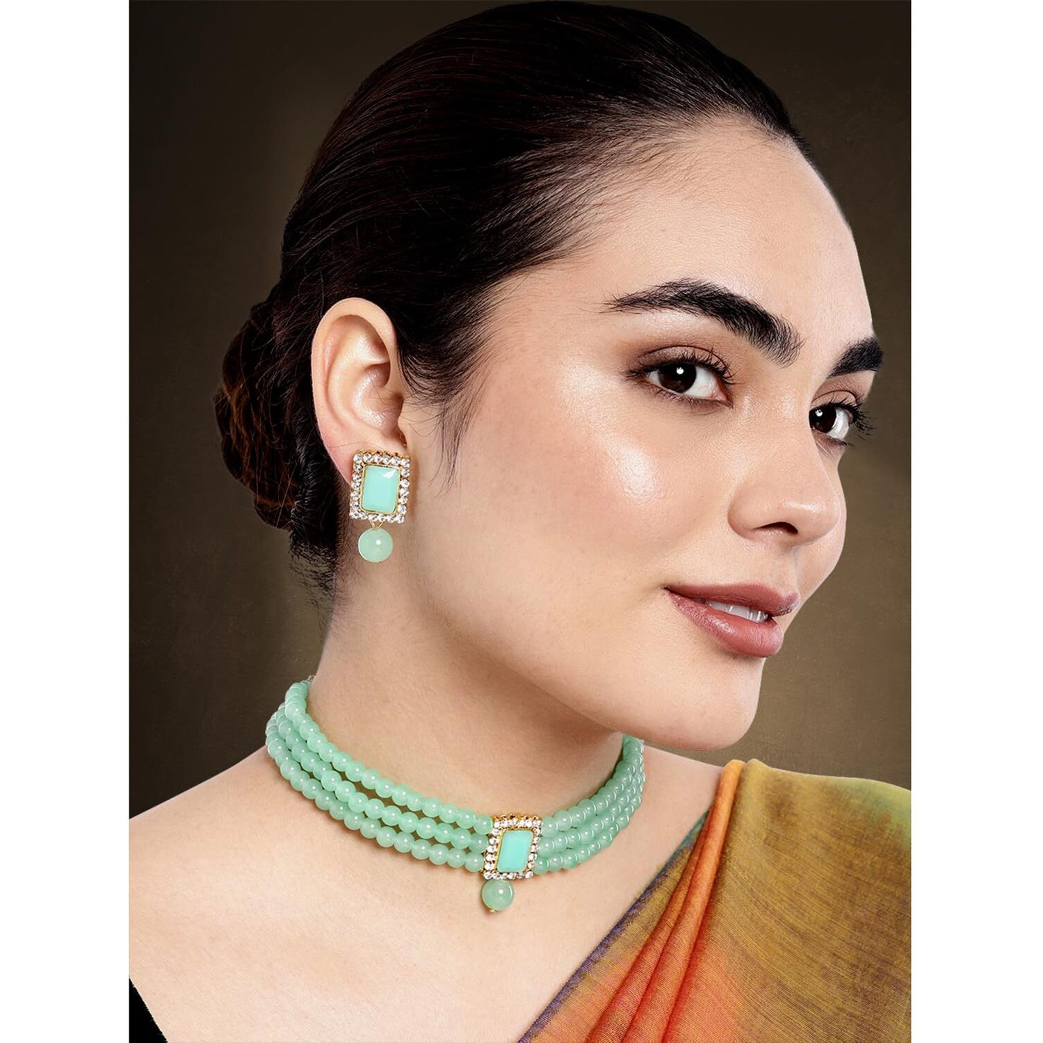 Peora Gold Plated Ethnic Choker Crystal Pearl Beaded Necklace & Earrings Set Jewellery for Girls & Women (Mint)