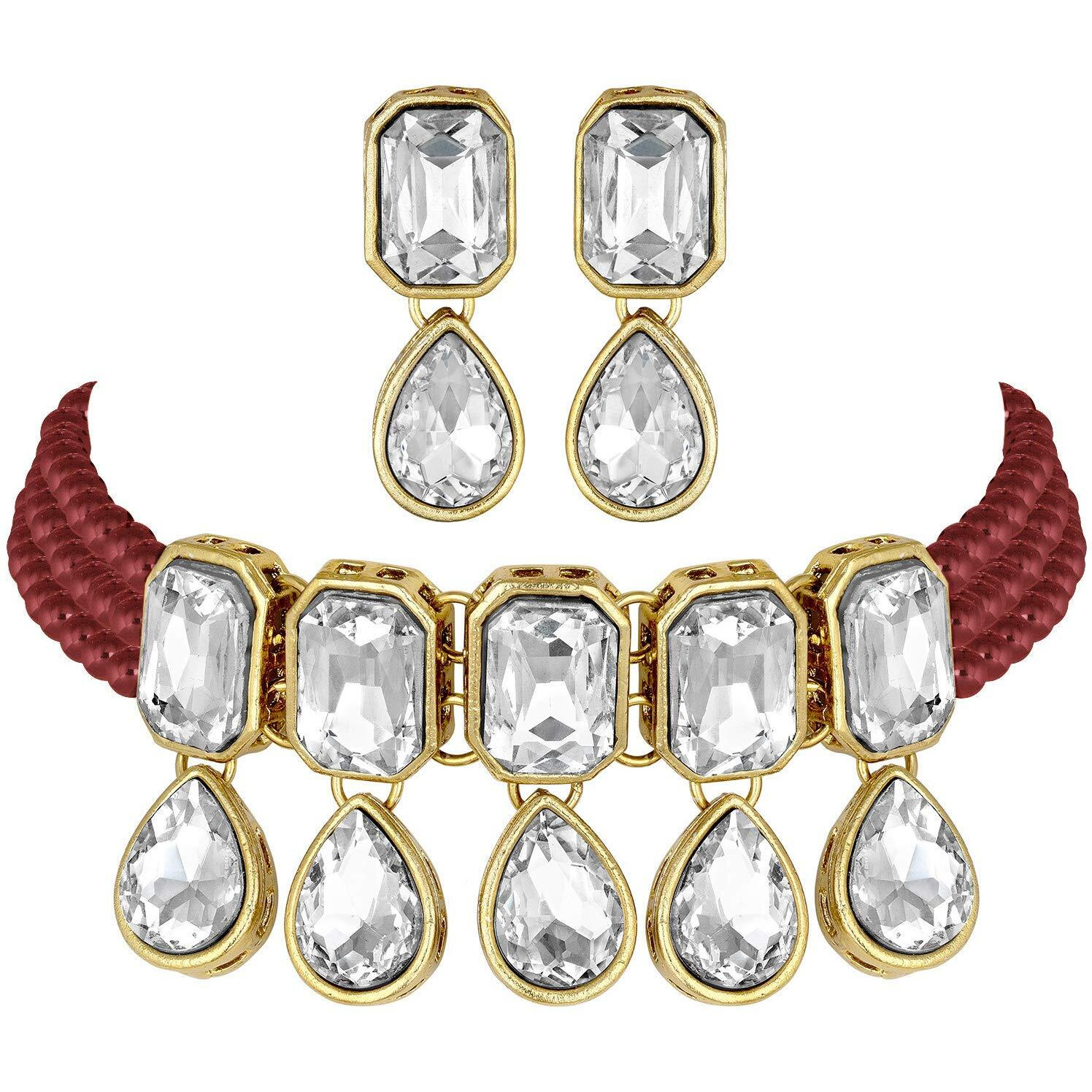 I Jewels 18K Gold Plated Traditional Handcrafted Crystal Stone Studded Pearl Choker Necklace Jewellery Set with Earrings For Women/Girls (ML249M)