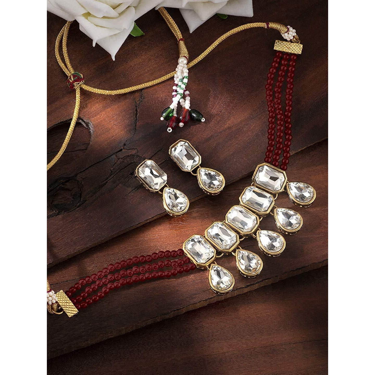 I Jewels 18K Gold Plated Traditional Handcrafted Crystal Stone Studded Pearl Choker Necklace Jewellery Set with Earrings For Women/Girls (ML249M)
