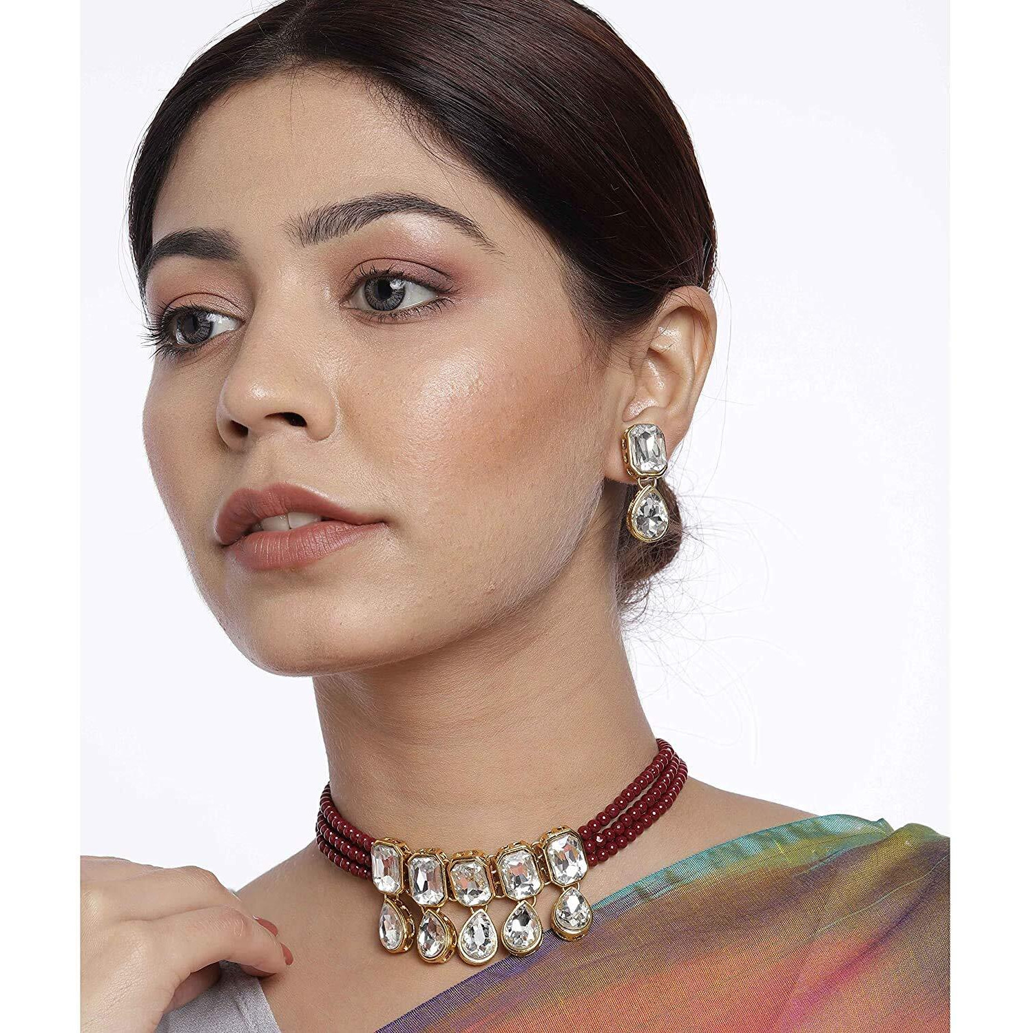 I Jewels 18K Gold Plated Traditional Handcrafted Crystal Stone Studded Pearl Choker Necklace Jewellery Set with Earrings For Women/Girls (ML249M)