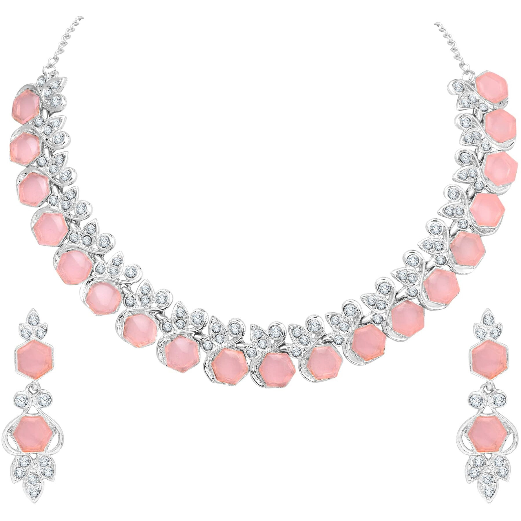 Atasi International Silver Plated Pink Crystals Diamond Womens Necklace Set | Jewellery Set With Earrings | RMP5766