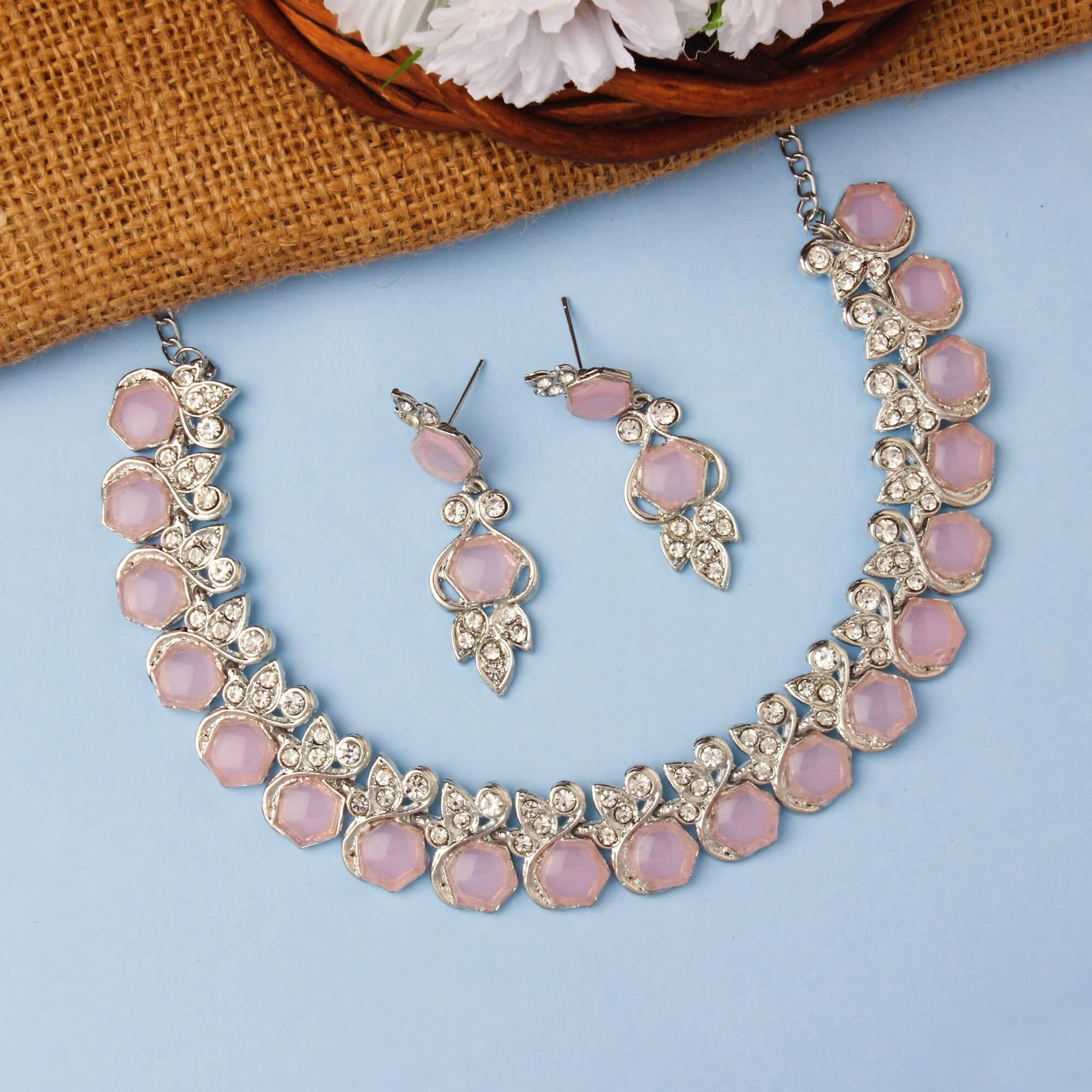 Atasi International Silver Plated Pink Crystals Diamond Womens Necklace Set | Jewellery Set With Earrings | RMP5766